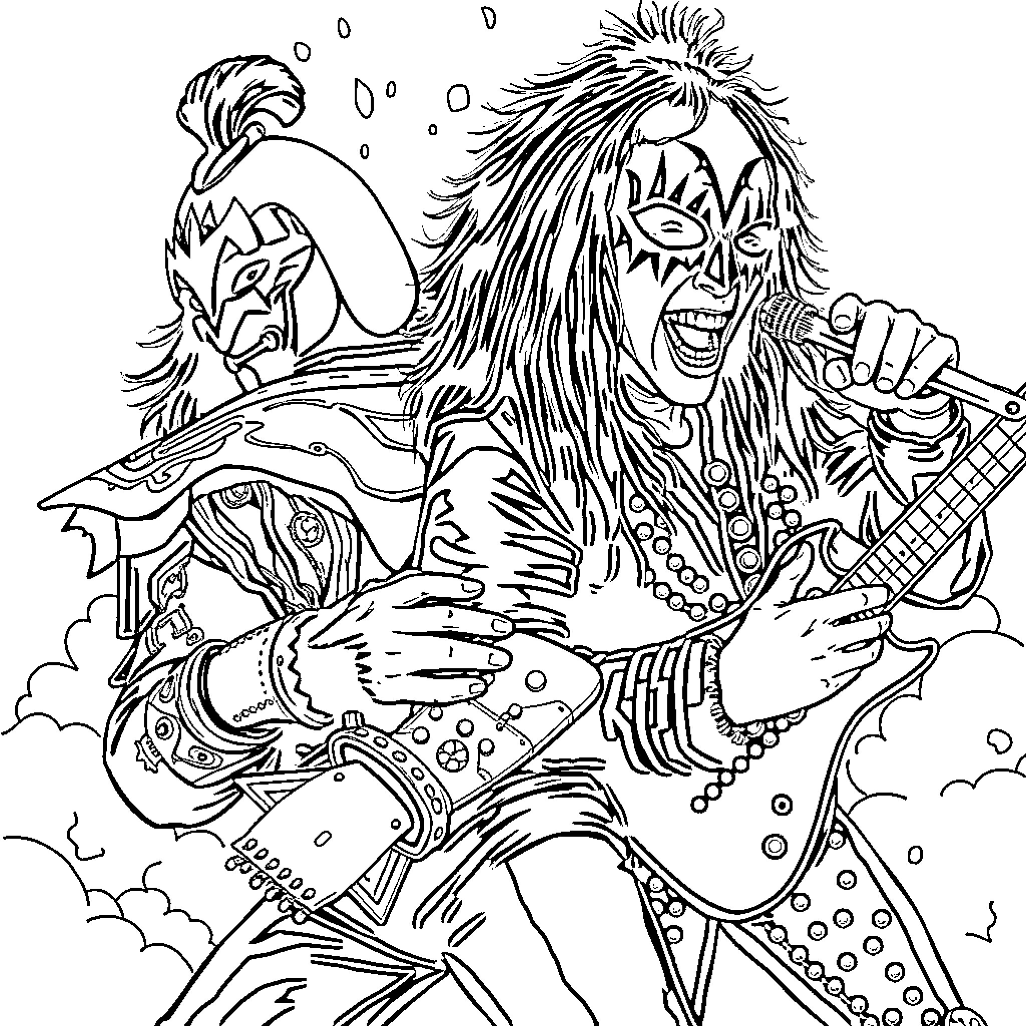 Ace Guitarist Rocking Out with Wild Energy Coloring Page (free black-and-white line drawing printable PDF for all, from beginners to advanced learners, including children, teens, adults, and seniors)