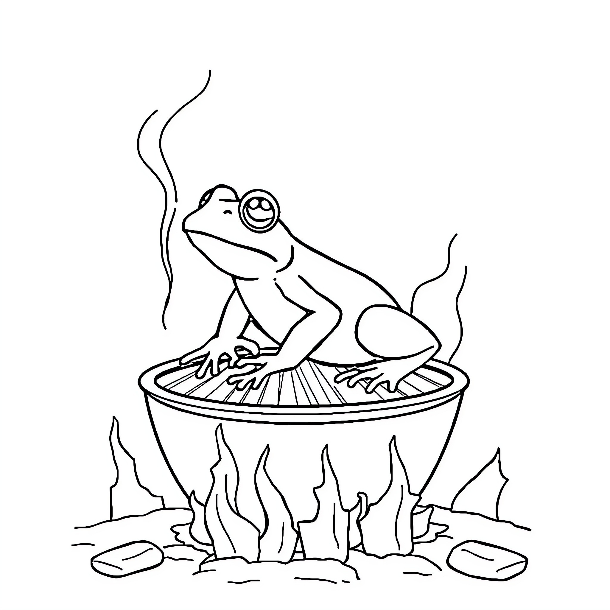 Frog relaxing on hot rocks Coloring Page (free black-and-white line drawing printable PDF for all, from beginners to advanced learners, including children, teens, adults, and seniors)