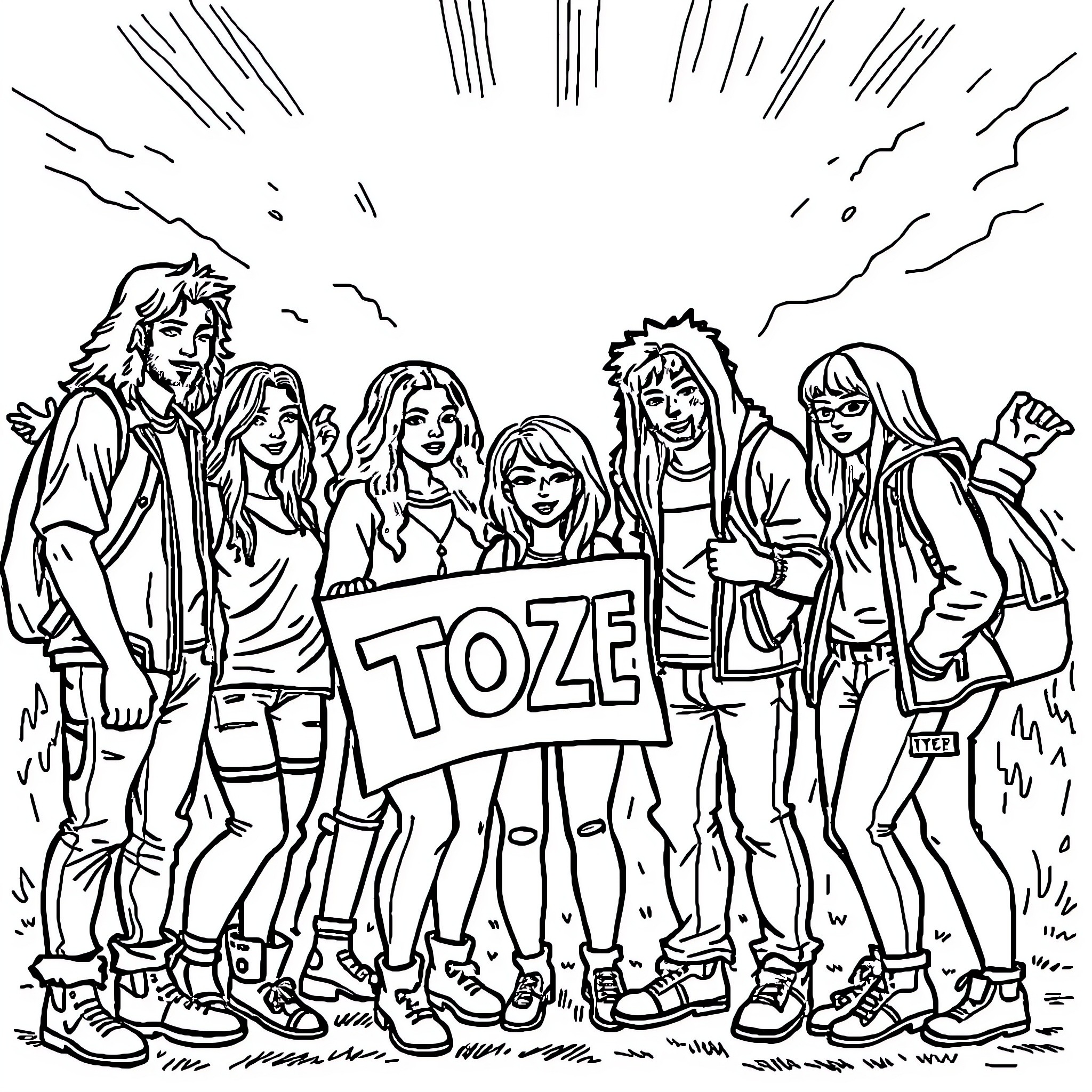 Friend group celebrating and protesting together Coloring Page (free black-and-white line drawing printable PDF for all, from beginners to advanced learners, including children, teens, adults, and seniors)