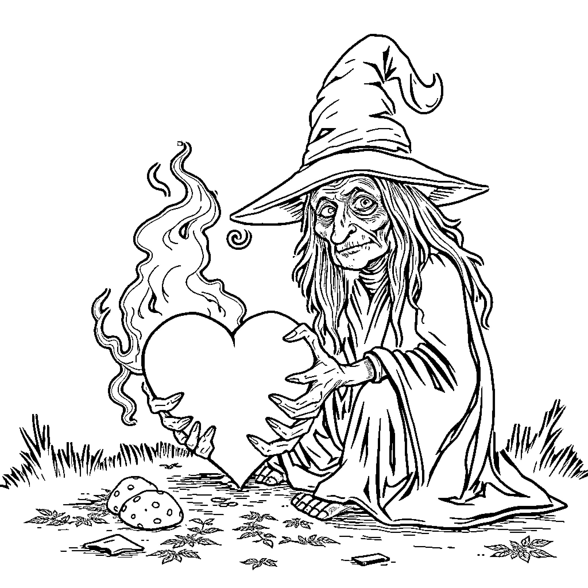 Heart of a Witch's Cauldron Brews Coloring Page (free black-and-white line drawing printable PDF for all, from beginners to advanced learners, including children, teens, adults, and seniors)