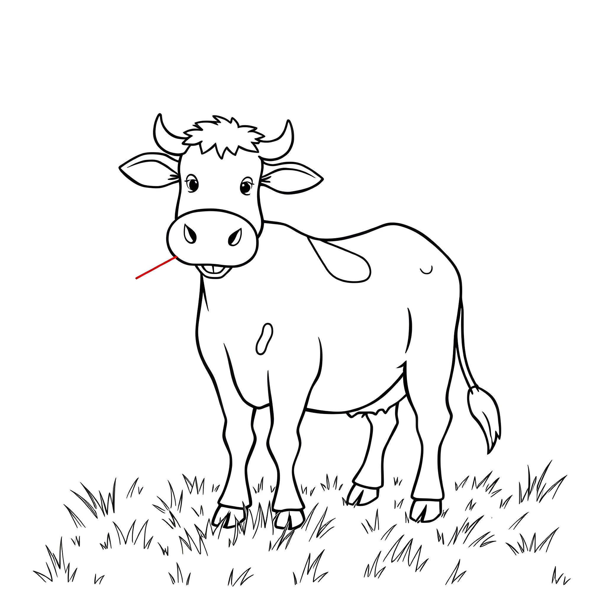 Cow standing in grassy field Coloring Page (free black-and-white line drawing printable PDF for all, from beginners to advanced learners, including children, teens, adults, and seniors)
