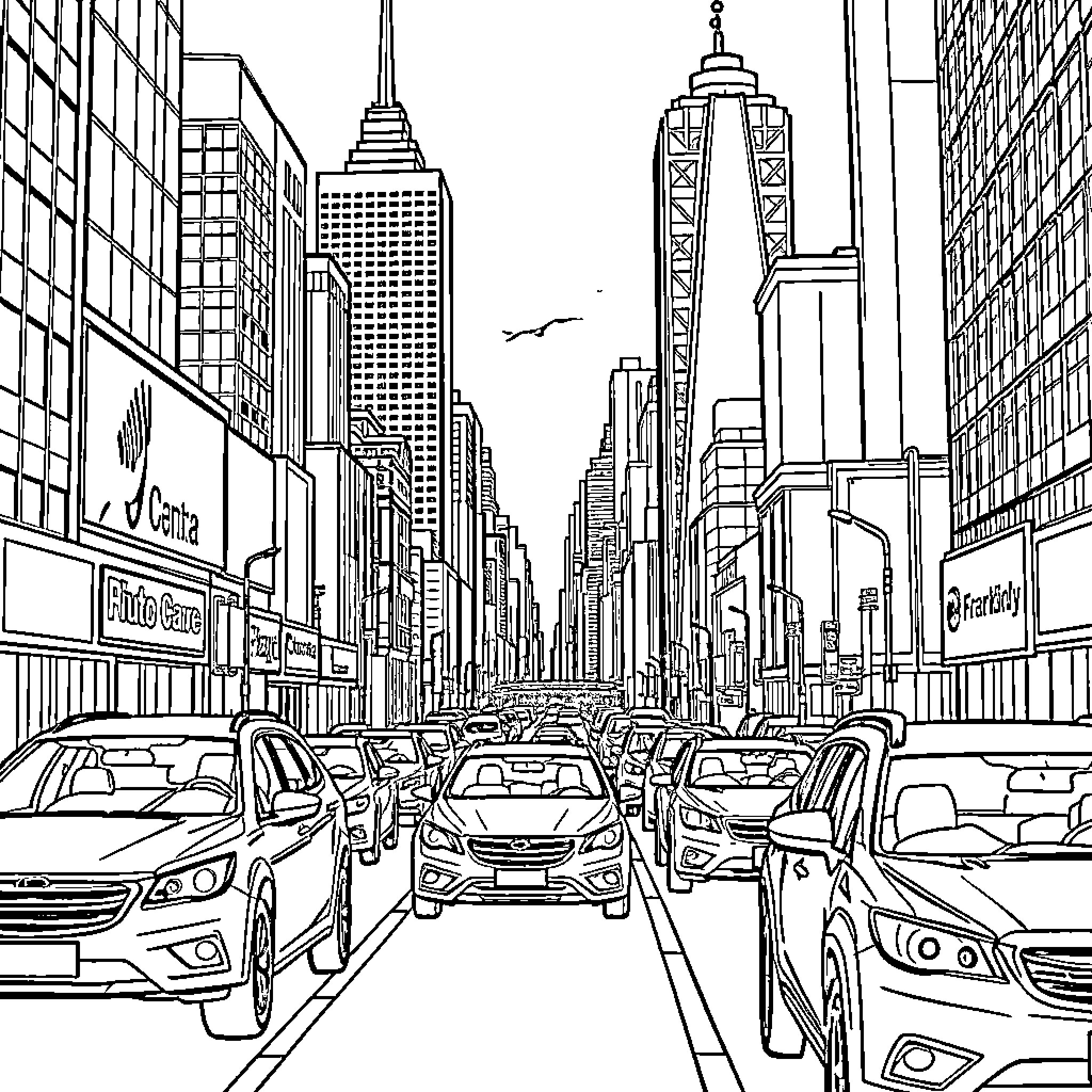 Motor City Hustle: Bustling Metropolis in Black and White Coloring Page (free black-and-white line drawing printable PDF for all, from beginners to advanced learners, including children, teens, adults, and seniors)