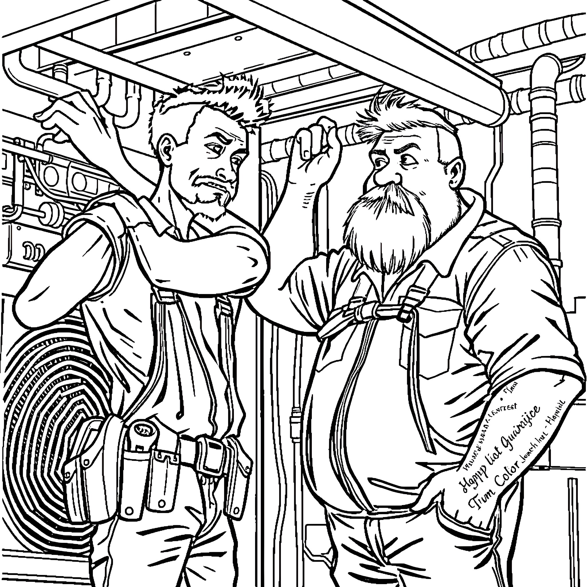 Guy Working with Older Man on Machinery Coloring Page (free black-and-white line drawing printable PDF for all, from beginners to advanced learners, including children, teens, adults, and seniors)