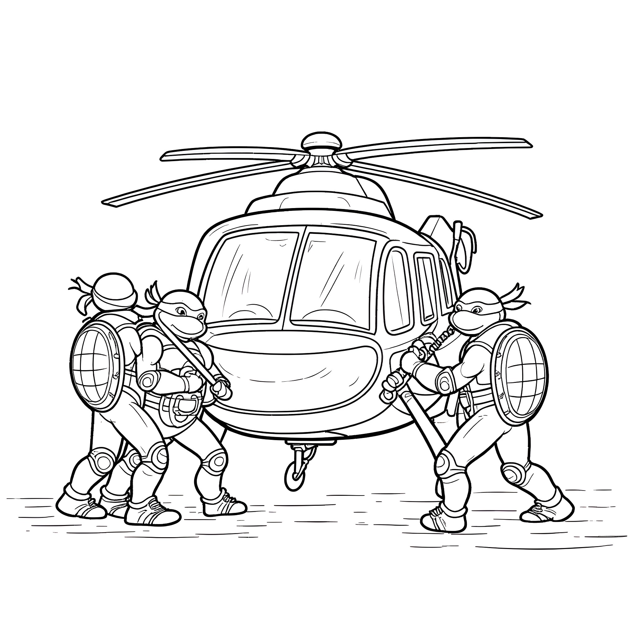 Teenage Mutant Ninja Turtles Piloting a Helicopter Coloring Page (free black-and-white line drawing printable PDF for all, from beginners to advanced learners, including children, teens, adults, and seniors)
