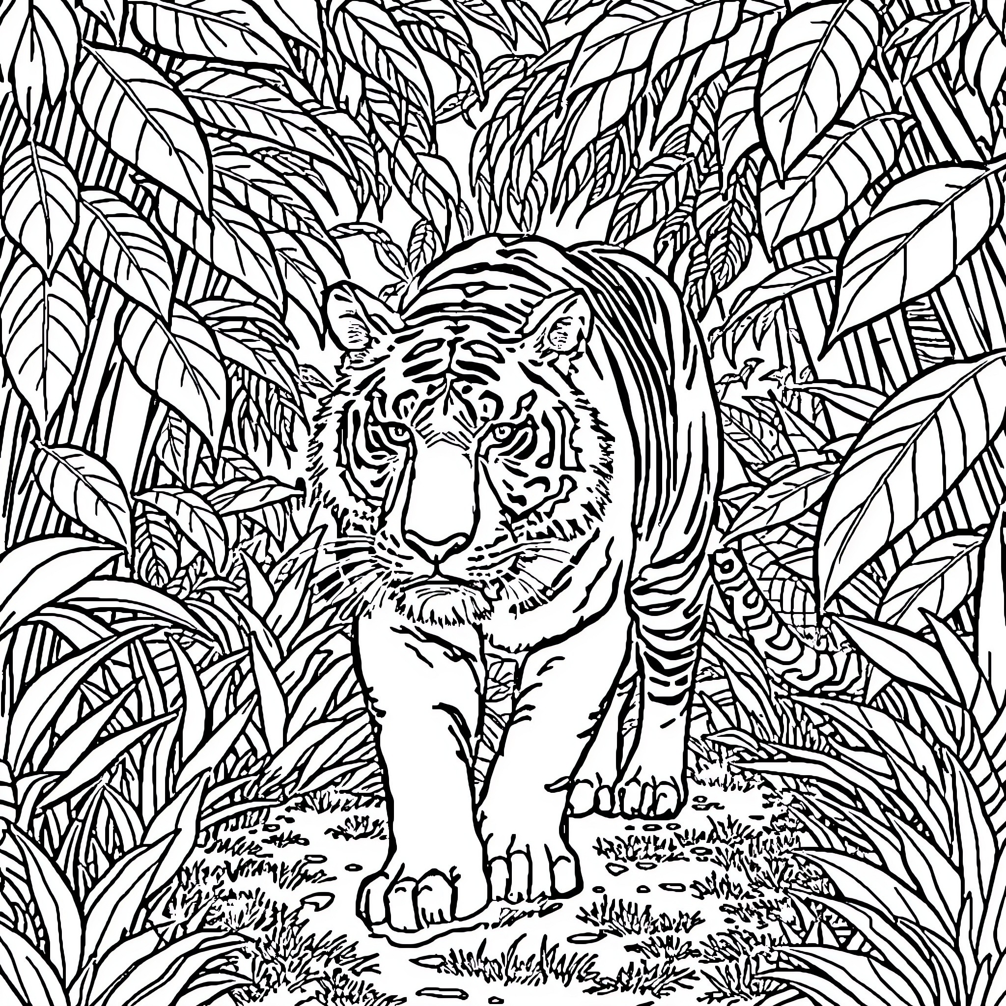 Tiger Stalking Amidst Lush Foliage Coloring Page (free black-and-white line drawing printable PDF for all, from beginners to advanced learners, including children, teens, adults, and seniors)