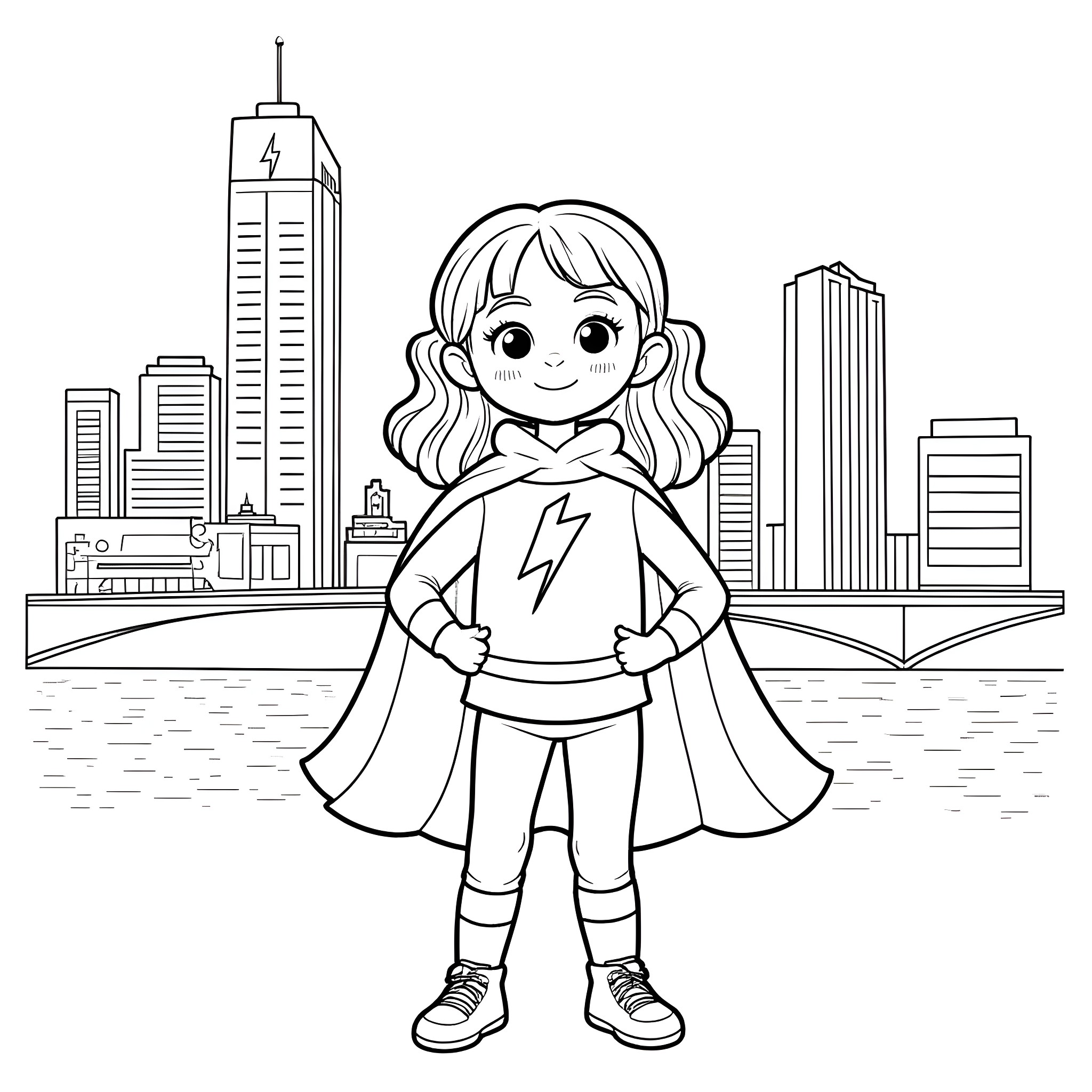 Girl superhero posing in the city Coloring Page (free black-and-white line drawing printable PDF for all, from beginners to advanced learners, including children, teens, adults, and seniors)