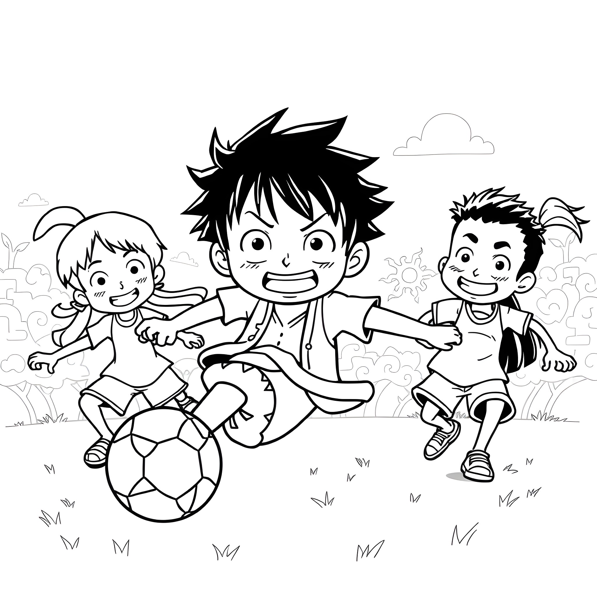 Luffy and friends playing soccer happily Coloring Page (free black-and-white line drawing printable PDF for all, from beginners to advanced learners, including children, teens, adults, and seniors)