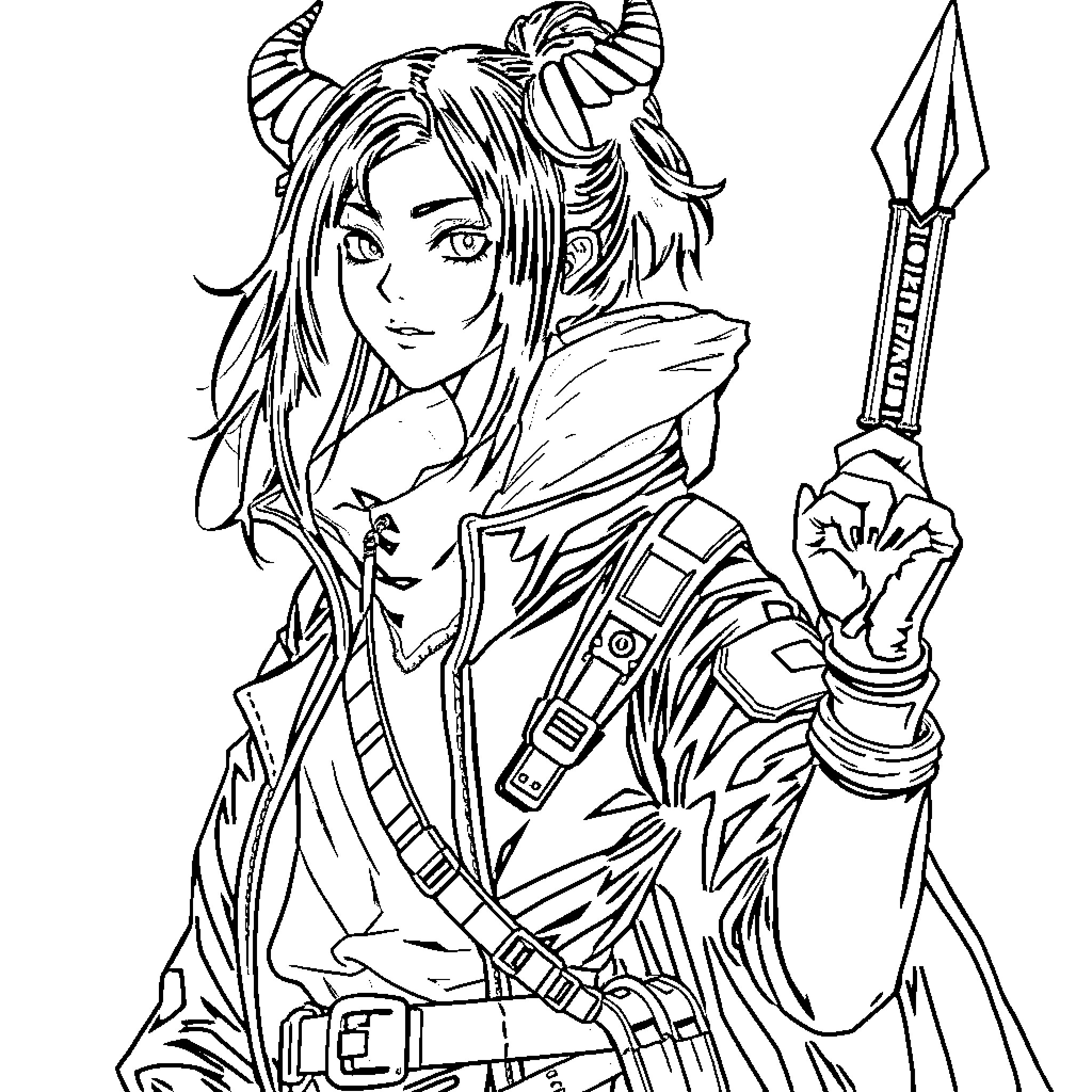 Yumi, the Valiant Warrior's Striking Pose Coloring Page (free black-and-white line drawing printable PDF for all, from beginners to advanced learners, including children, teens, adults, and seniors)