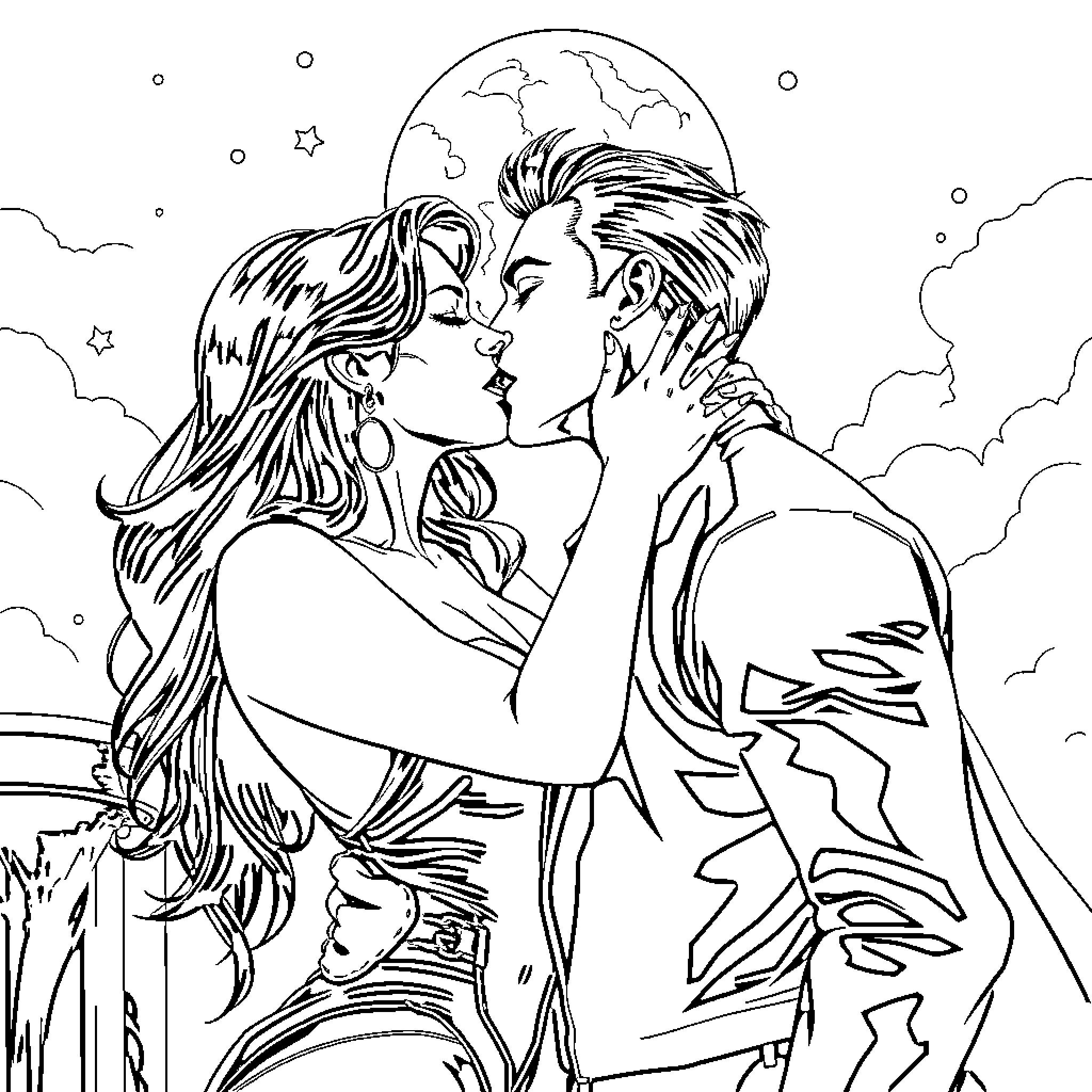 Selene's Romantic Embrace Under the Starry Night Coloring Page (free black-and-white line drawing printable PDF for all, from beginners to advanced learners, including children, teens, adults, and seniors)
