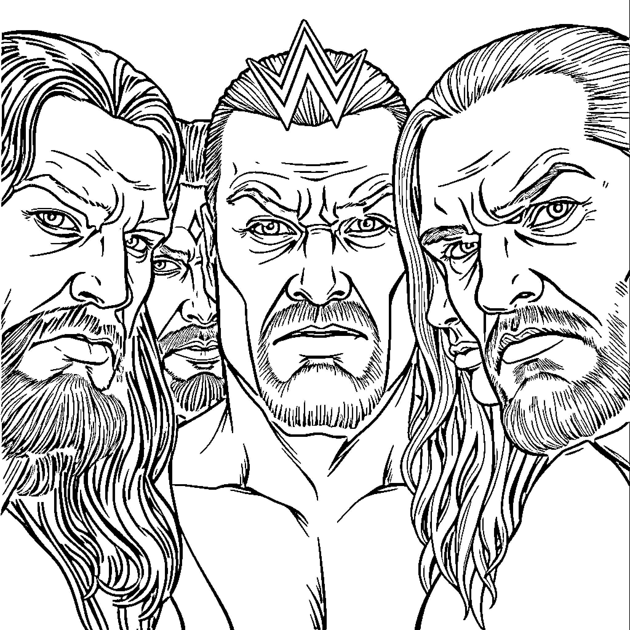 Wrestler's Intense Expressions and Headgear Coloring Page (free black-and-white line drawing printable PDF for all, from beginners to advanced learners, including children, teens, adults, and seniors)