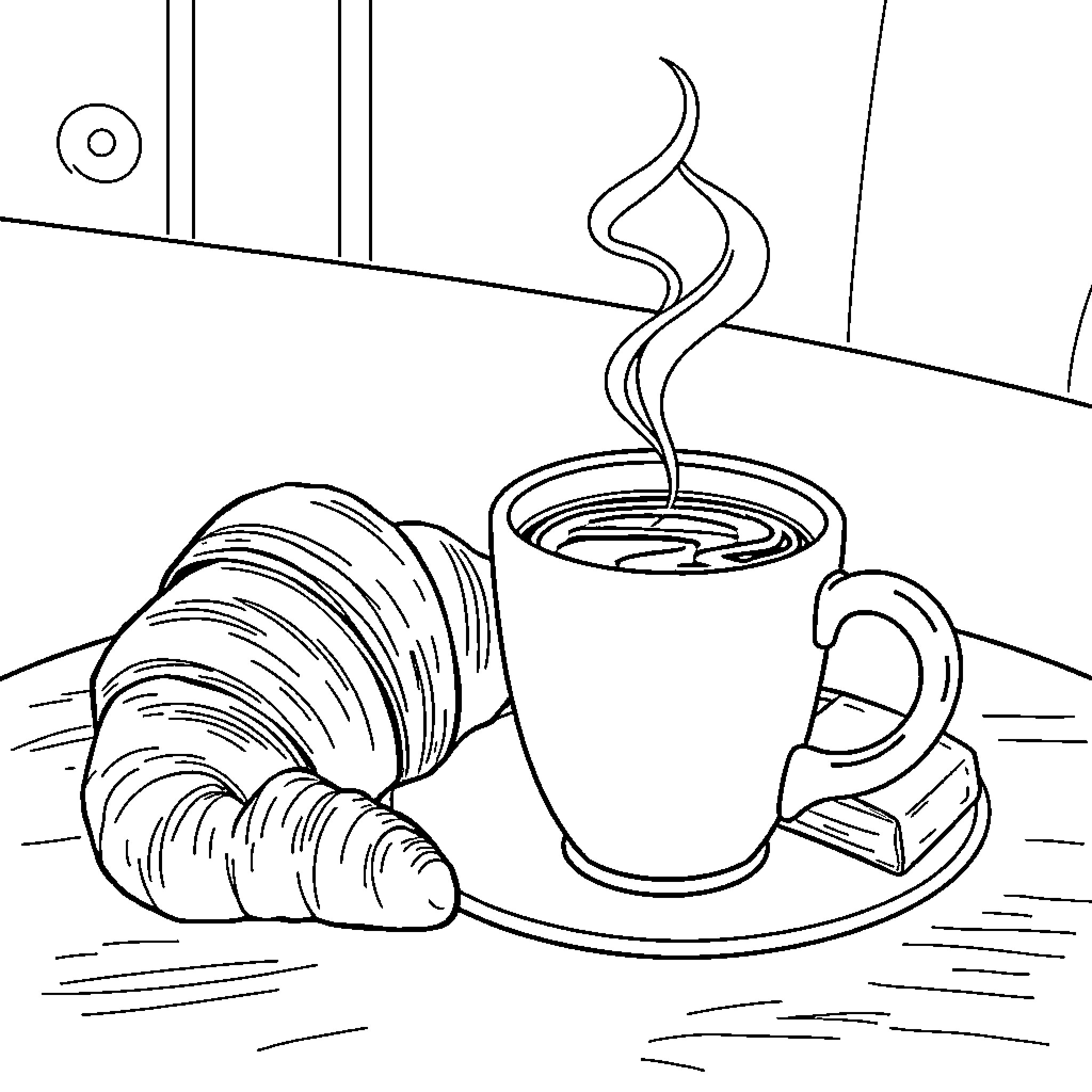 Coffee and Croissant Breakfast Coloring Page (free black-and-white line drawing printable PDF for all, from beginners to advanced learners, including children, teens, adults, and seniors)