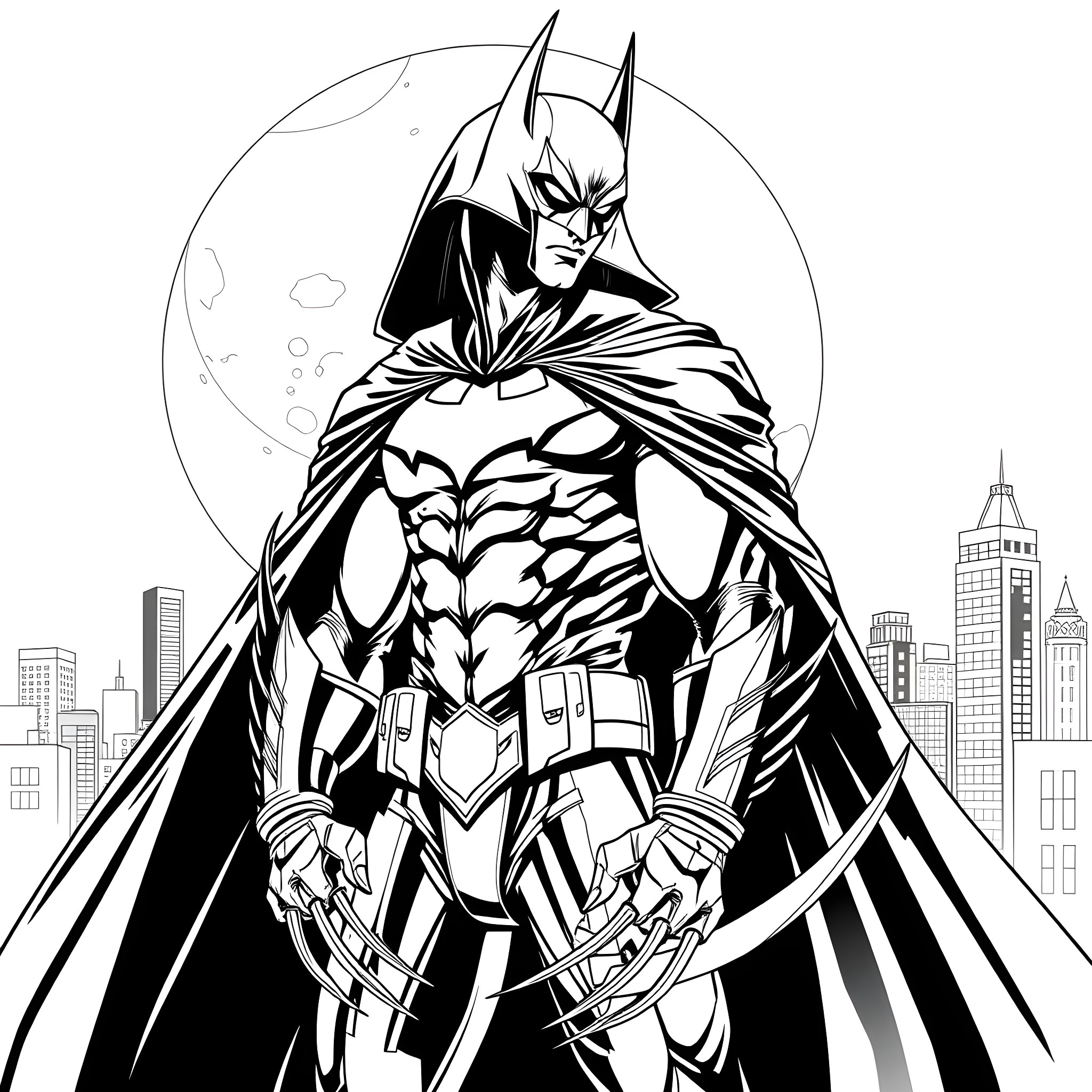 Dark Claw Stalking the City at Night Coloring Page (free black-and-white line drawing printable PDF for all, from beginners to advanced learners, including children, teens, adults, and seniors)