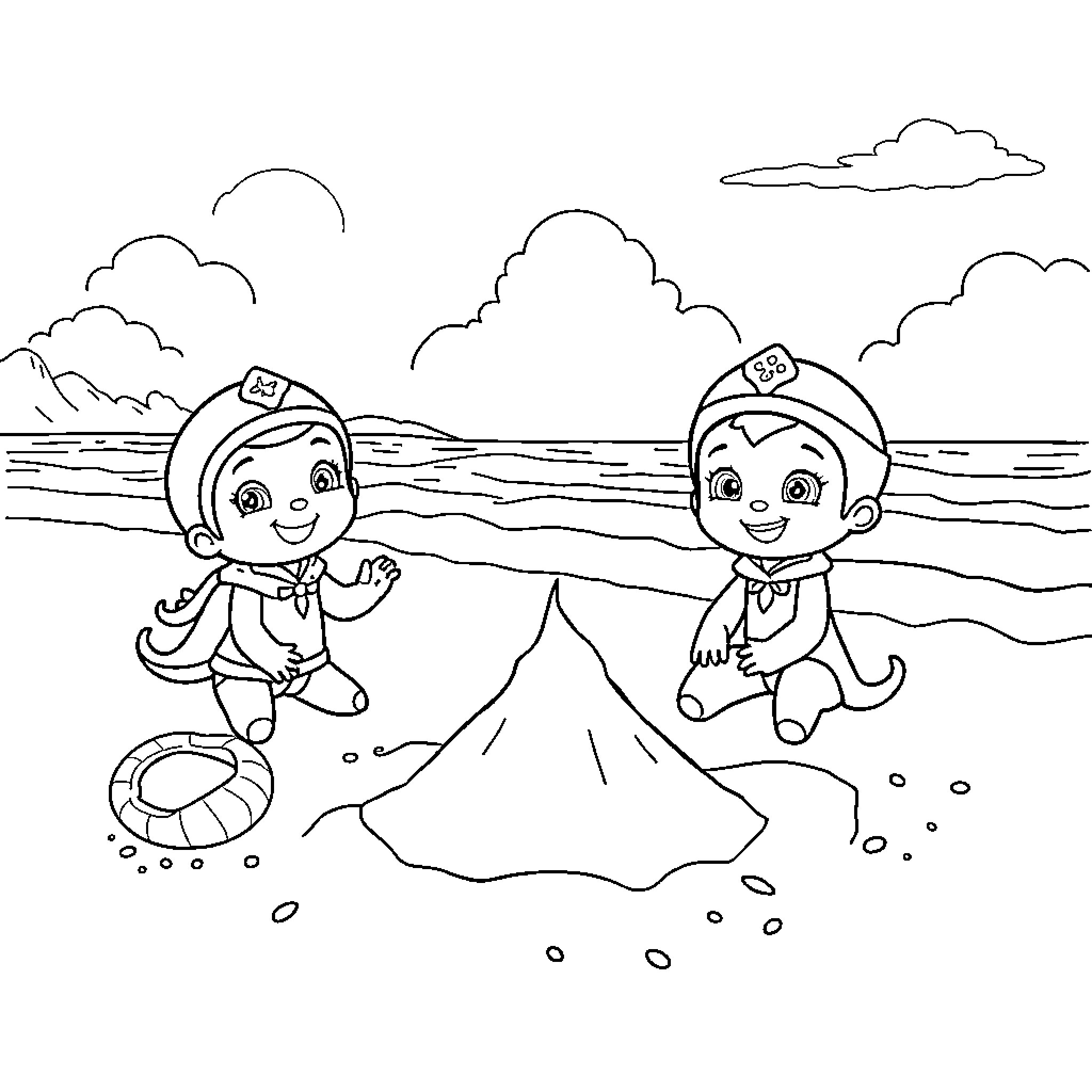 Octonaut characters playing together on a sandy beach Coloring Page (free black-and-white line drawing printable PDF for all, from beginners to advanced learners, including children, teens, adults, and seniors)