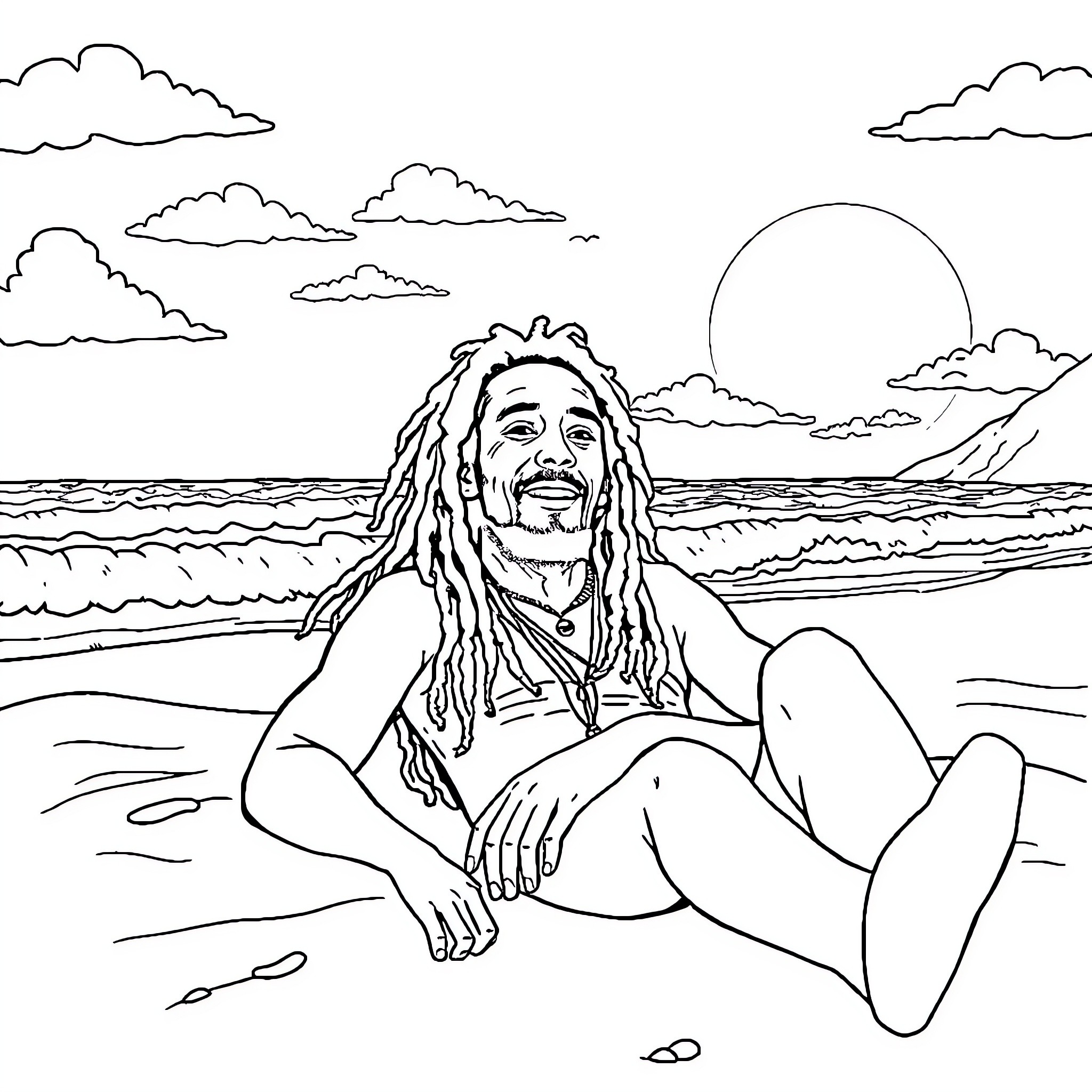 Bob Marley reclining peacefully on the beach Coloring Page (free black-and-white line drawing printable PDF for all, from beginners to advanced learners, including children, teens, adults, and seniors)