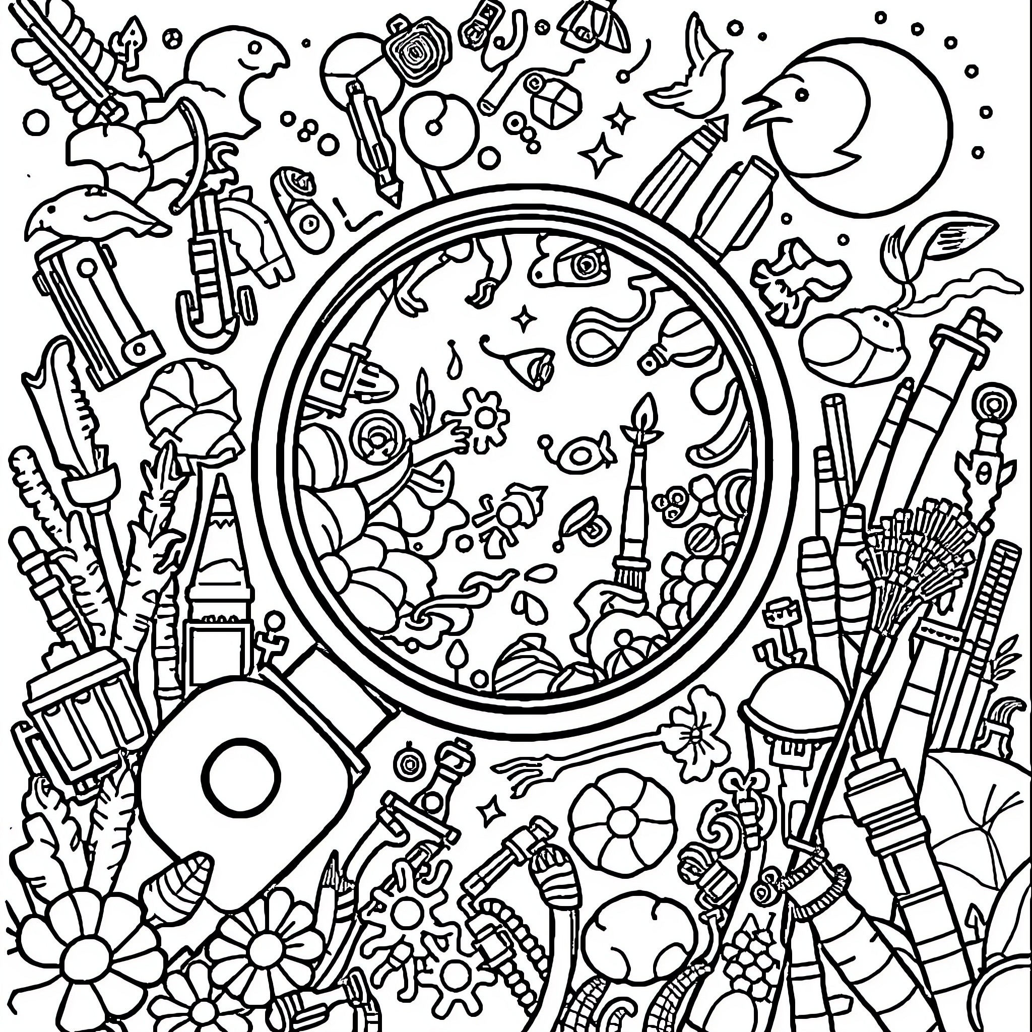 I-SPY Whimsical World of Wonder Coloring Page (free black-and-white line drawing printable PDF for all, from beginners to advanced learners, including children, teens, adults, and seniors)