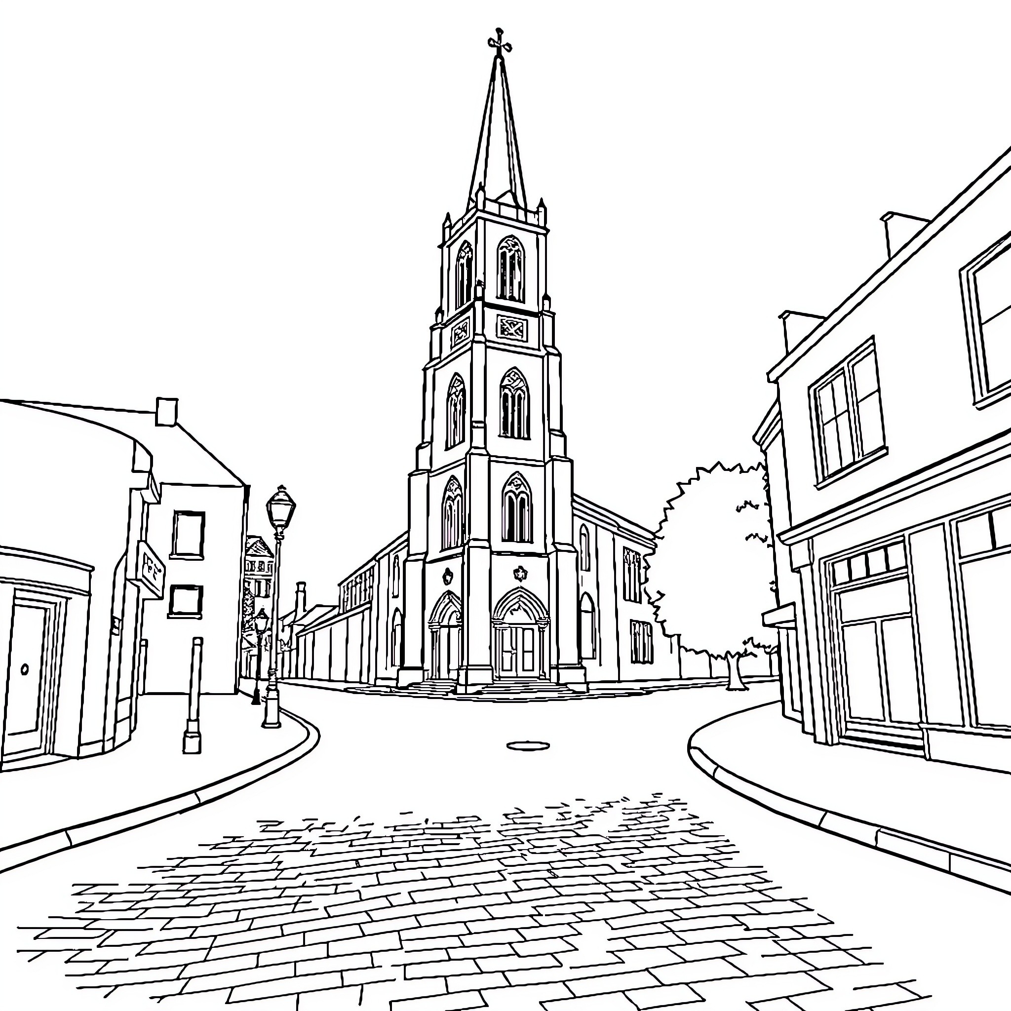 Church in a Quaint Town Street Coloring Page (free black-and-white line drawing printable PDF for all, from beginners to advanced learners, including children, teens, adults, and seniors)