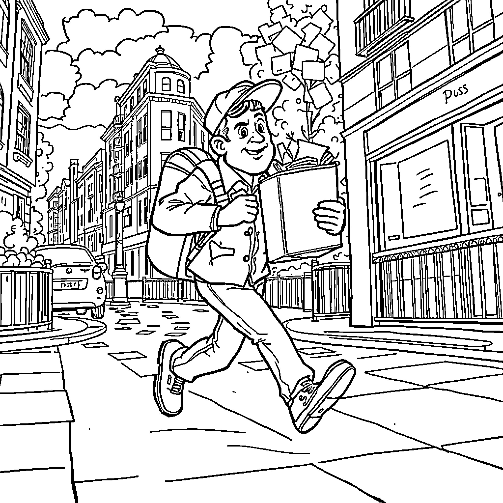 Postman carrying mail happily on city street Coloring Page (free black-and-white line drawing printable PDF for all, from beginners to advanced learners, including children, teens, adults, and seniors)