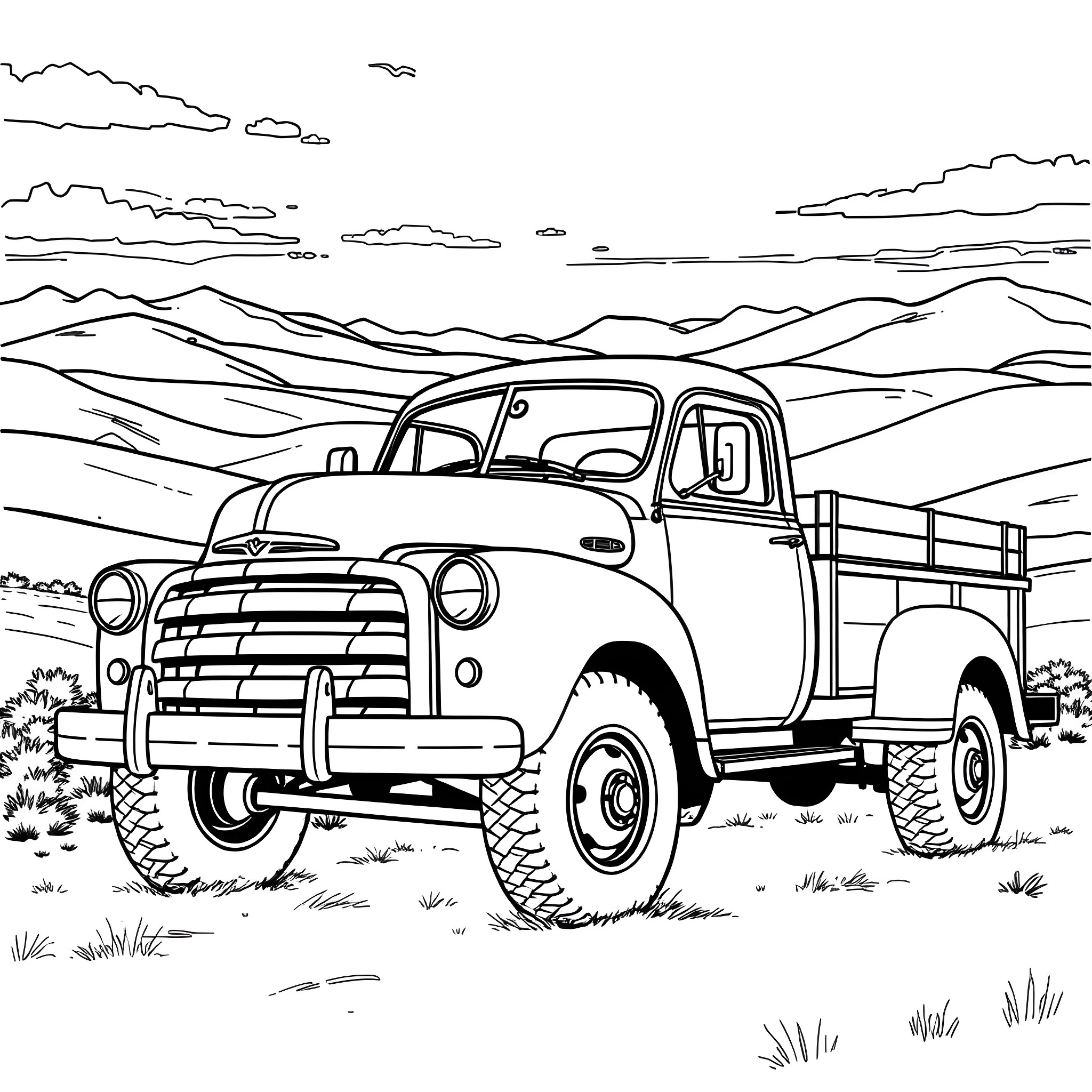 Truck driving through rugged landscape Coloring Page (free black-and-white line drawing printable PDF for all, from beginners to advanced learners, including children, teens, adults, and seniors)