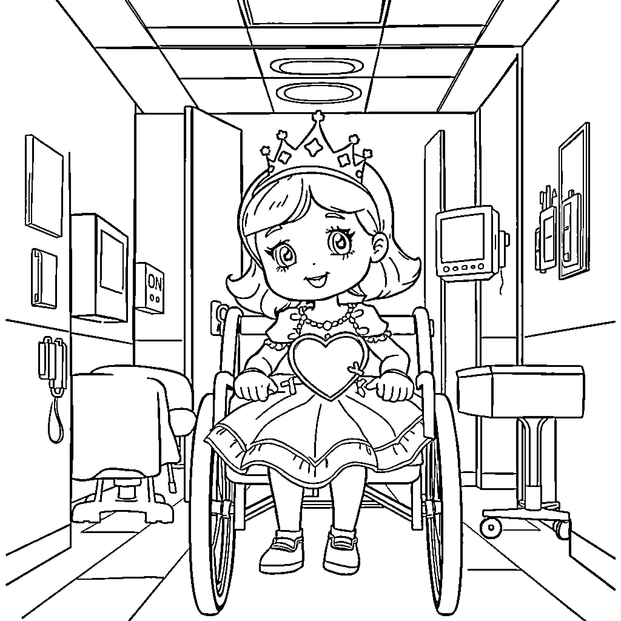 Princess in wheelchair on hospital ward Coloring Page (free black-and-white line drawing printable PDF for all, from beginners to advanced learners, including children, teens, adults, and seniors)