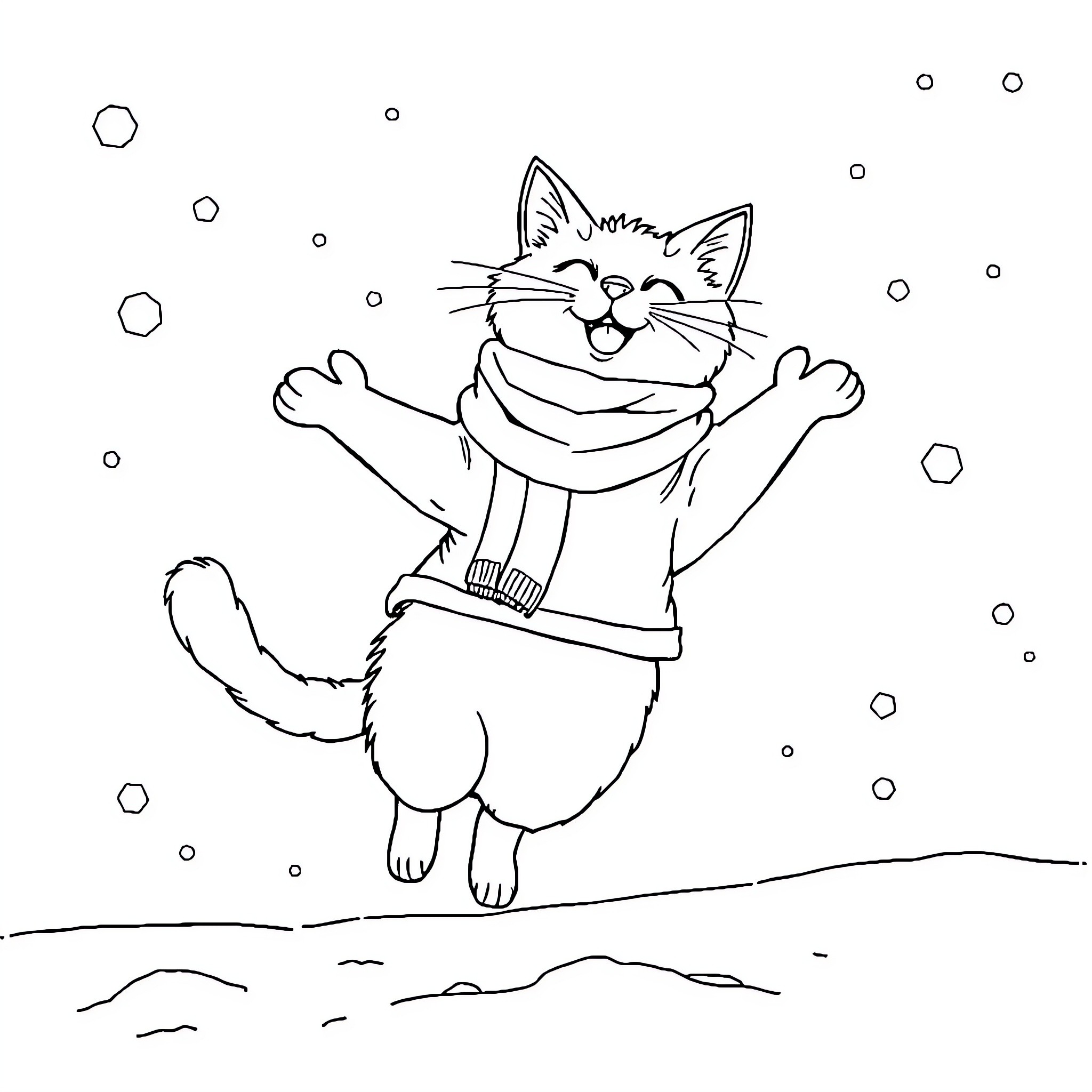 Gato playing joyfully in the snow Coloring Page (free black-and-white line drawing printable PDF for all, from beginners to advanced learners, including children, teens, adults, and seniors)