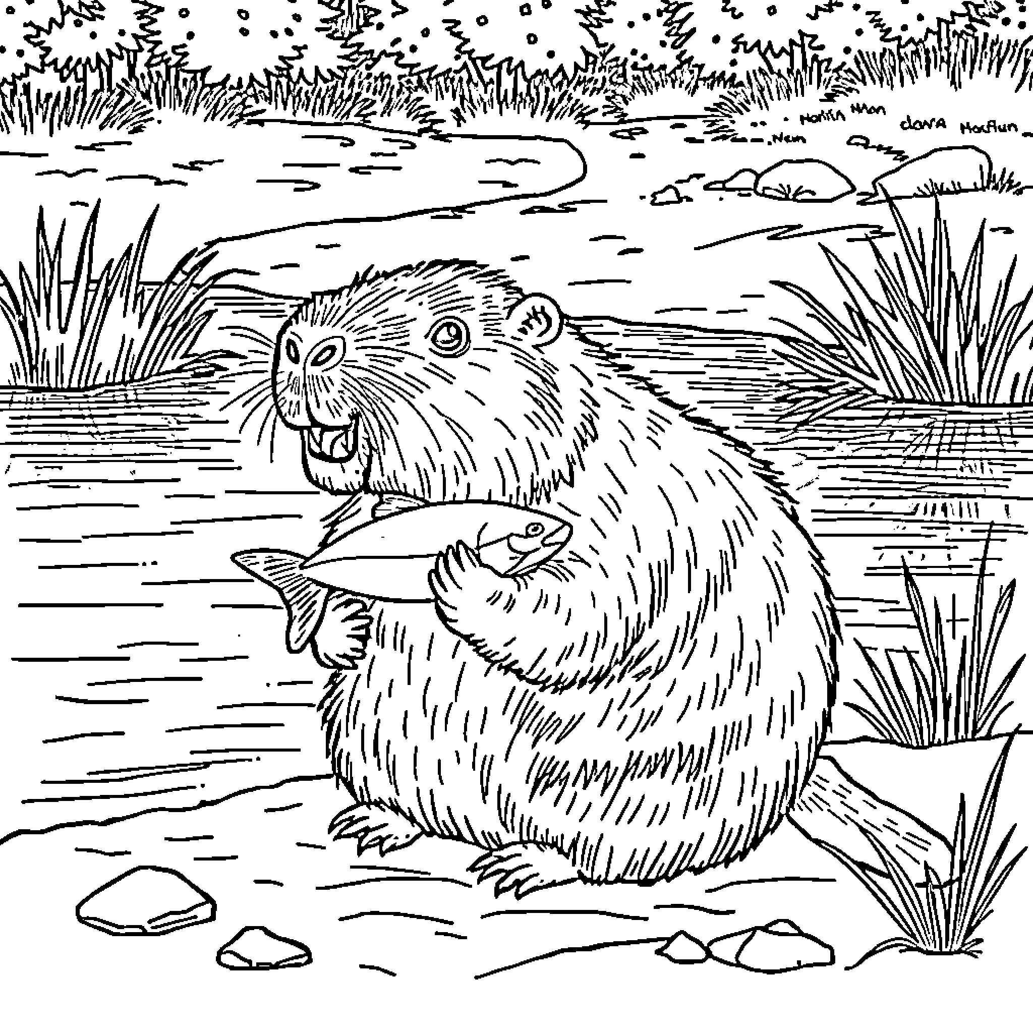 Capybara enjoying a fish in its natural habitat Coloring Page (free black-and-white line drawing printable PDF for all, from beginners to advanced learners, including children, teens, adults, and seniors)