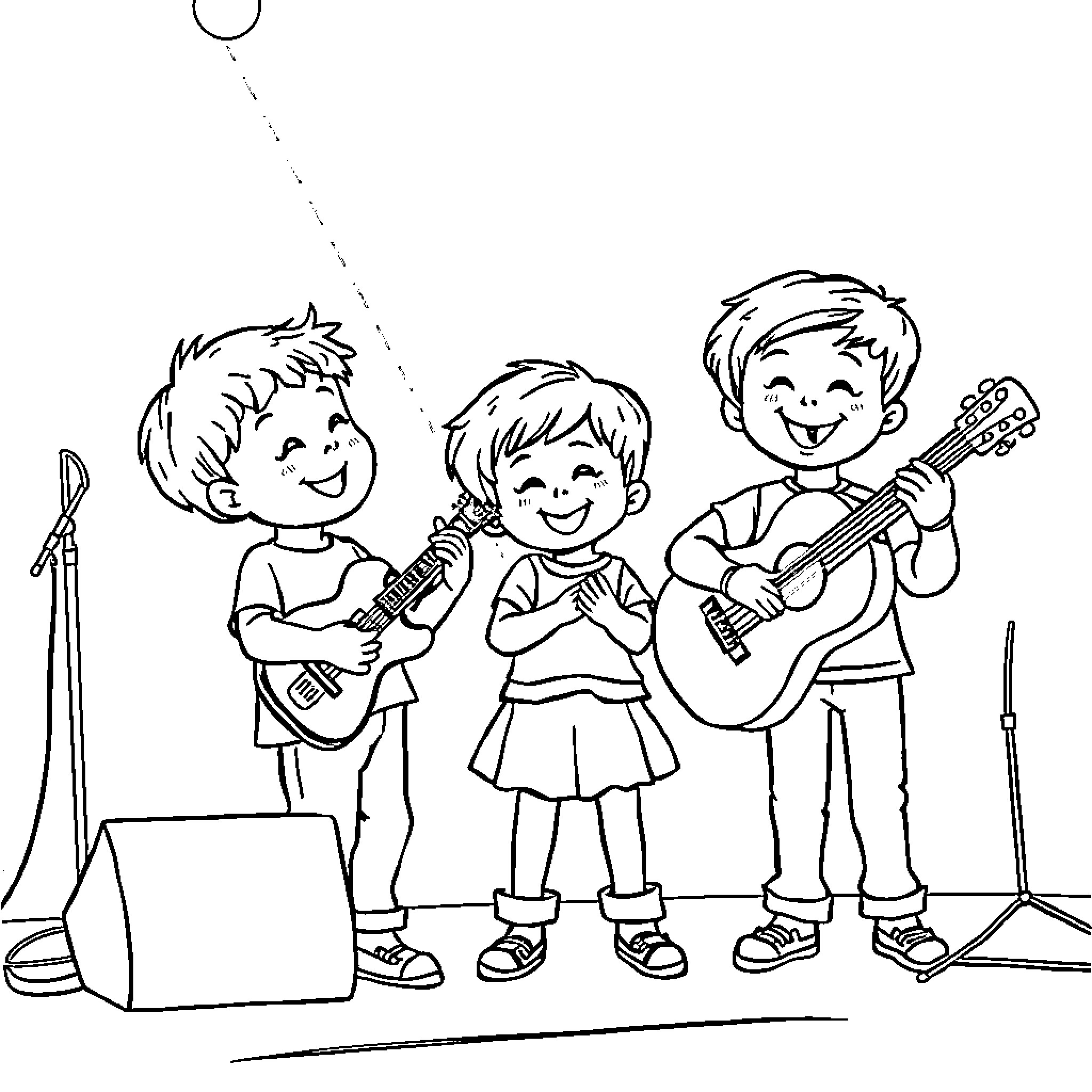 Children playing musical instruments on stage Coloring Page (free black-and-white line drawing printable PDF for all, from beginners to advanced learners, including children, teens, adults, and seniors)