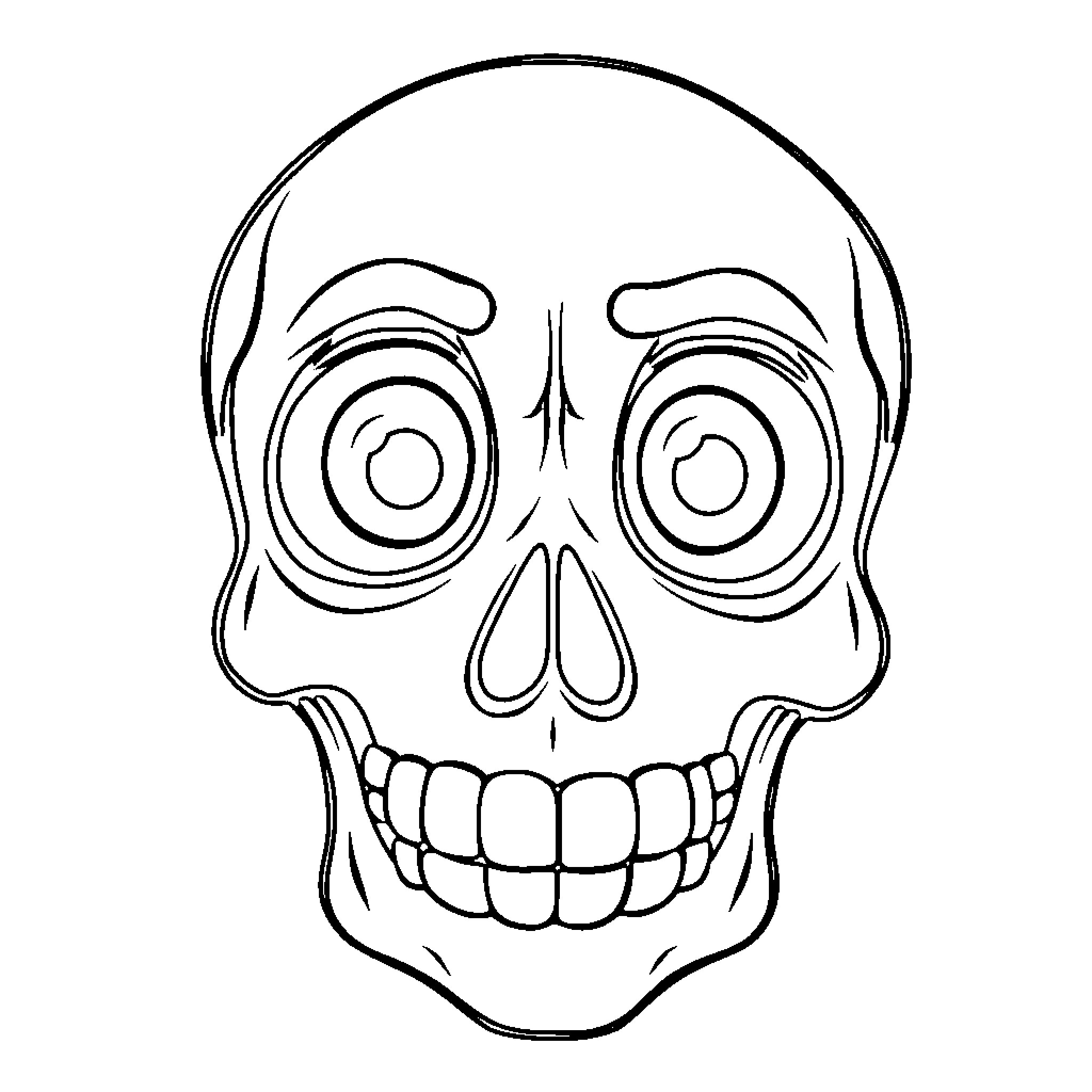 Skull with Hypnotic Swirling Eyes Coloring Page (free black-and-white line drawing printable PDF for all, from beginners to advanced learners, including children, teens, adults, and seniors)