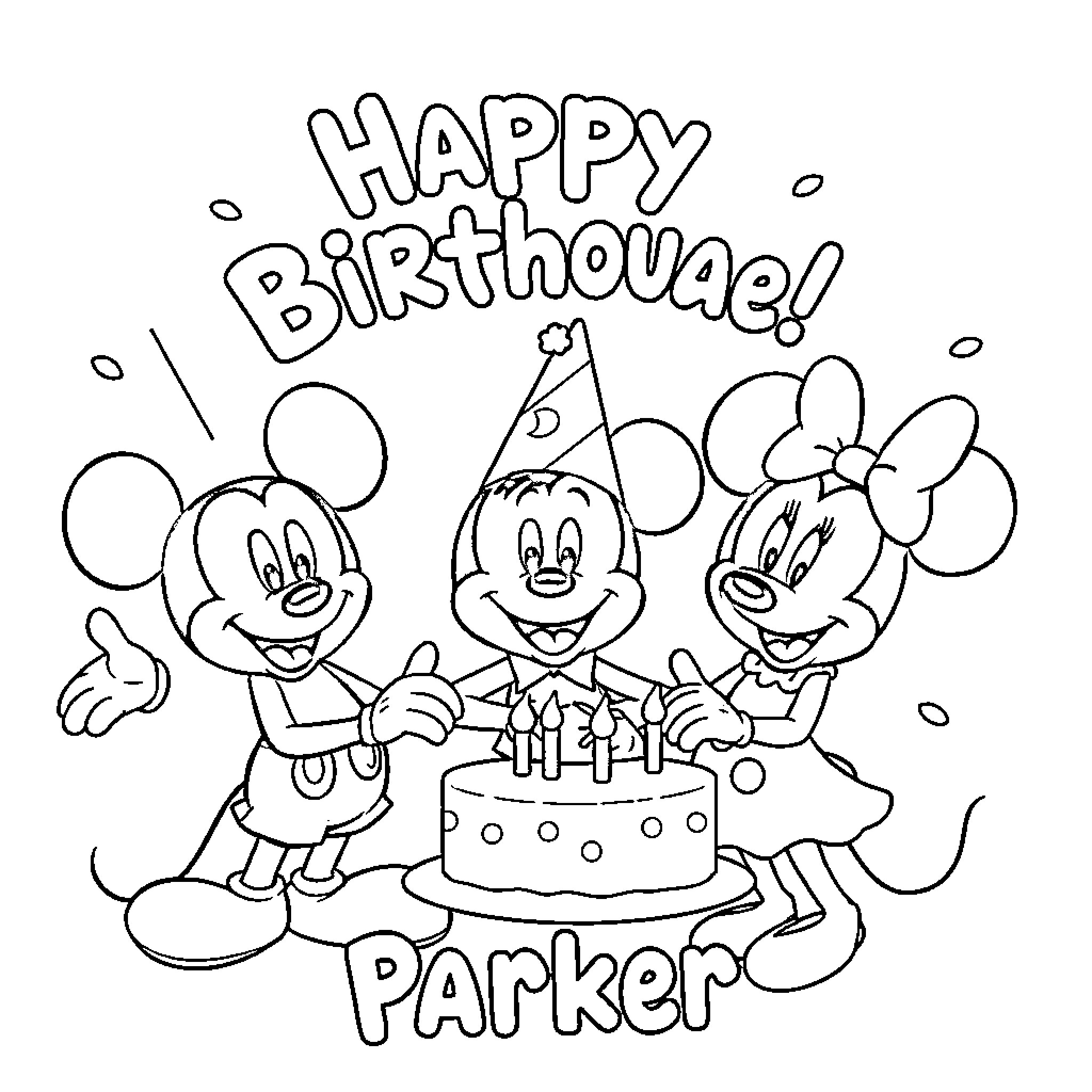 Mickey Mouse celebrates a happy birthday with friends Coloring Page (free black-and-white line drawing printable PDF for all, from beginners to advanced learners, including children, teens, adults, and seniors)