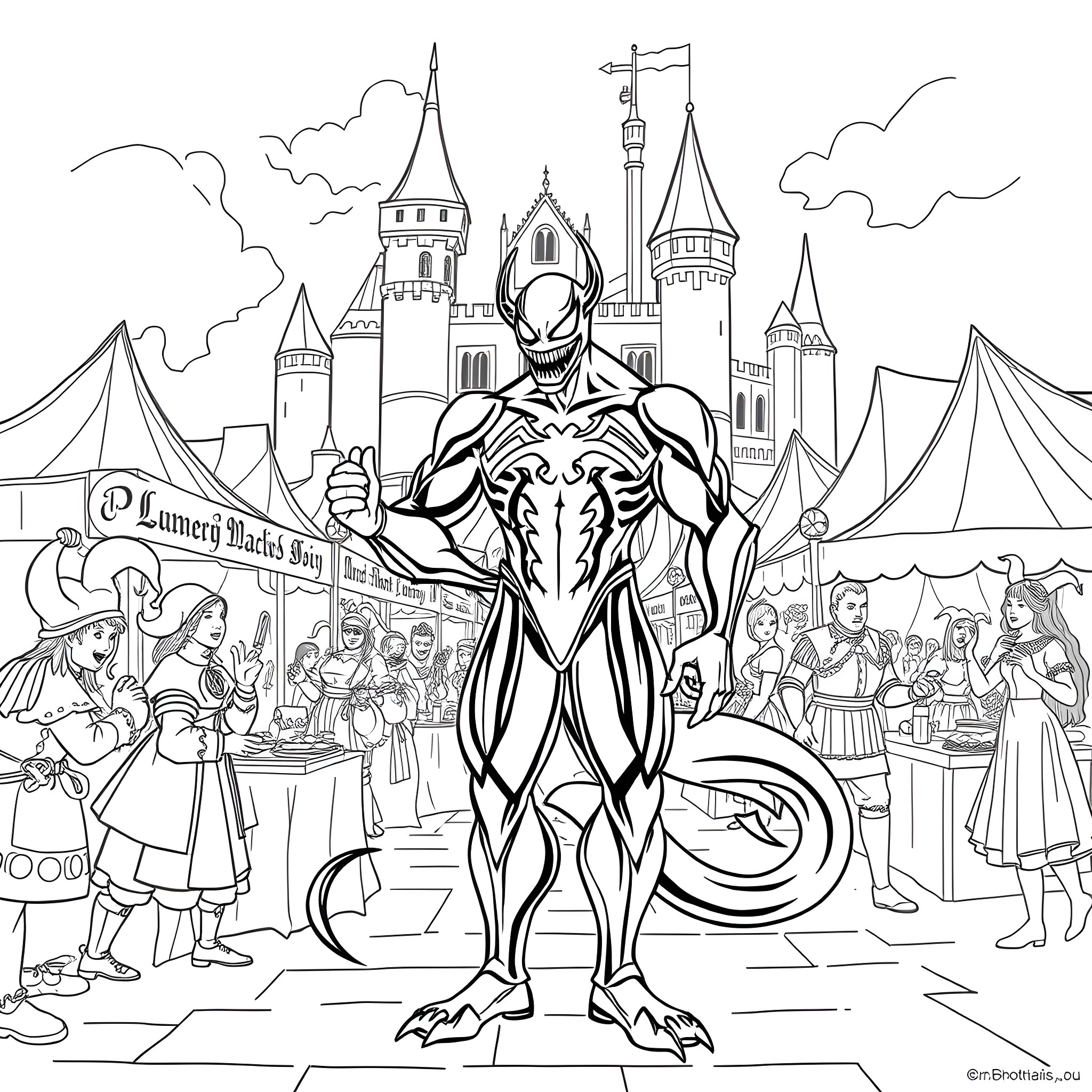 Venom Terrorizes the Carnival Grounds Coloring Page (free black-and-white line drawing printable PDF for all, from beginners to advanced learners, including children, teens, adults, and seniors)