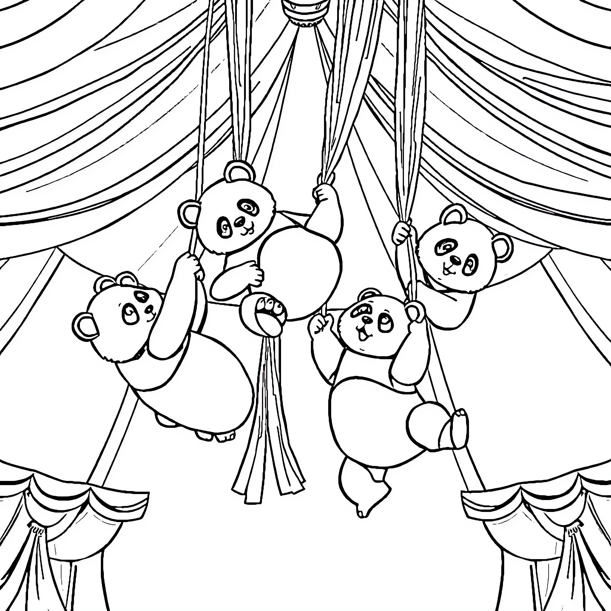 Panda acrobats performing on stage Coloring Page (free black-and-white line drawing printable PDF for all, from beginners to advanced learners, including children, teens, adults, and seniors)