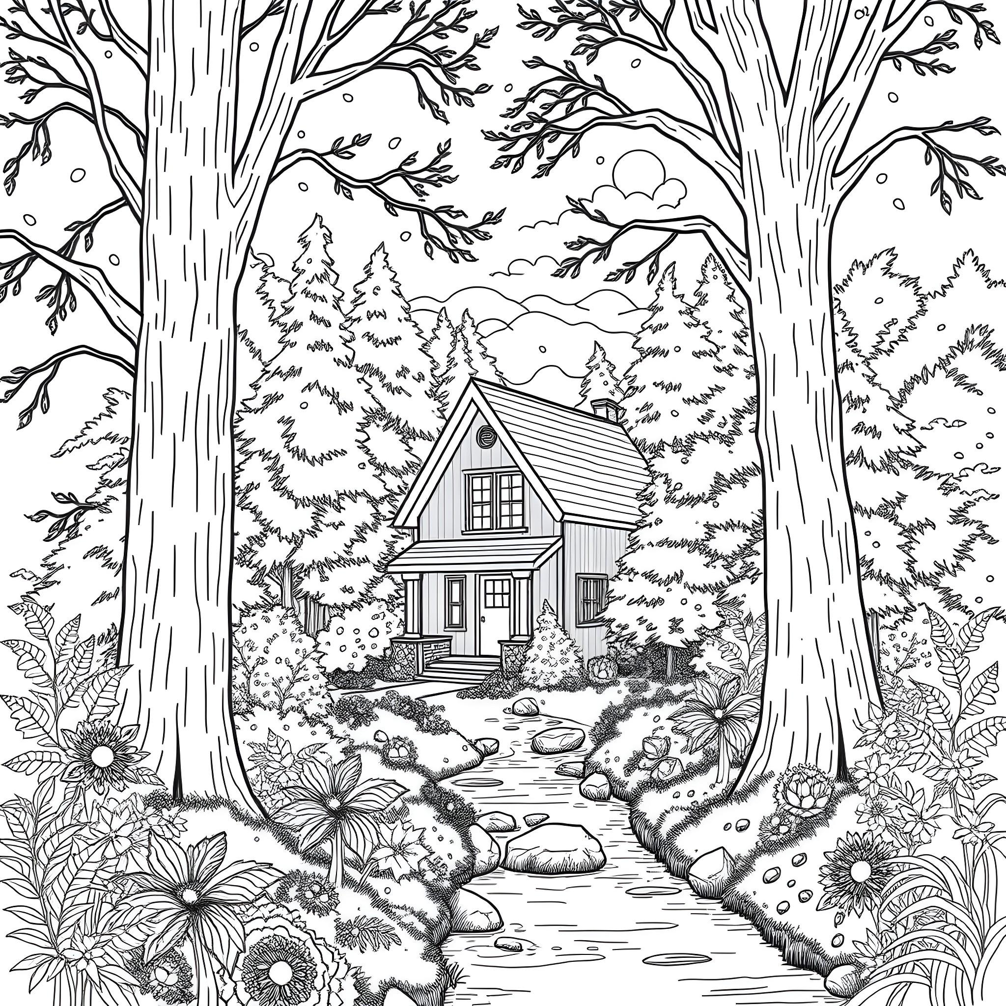 House in a Cozy Forest Landscape Coloring Page (free black-and-white line drawing printable PDF for all, from beginners to advanced learners, including children, teens, adults, and seniors)