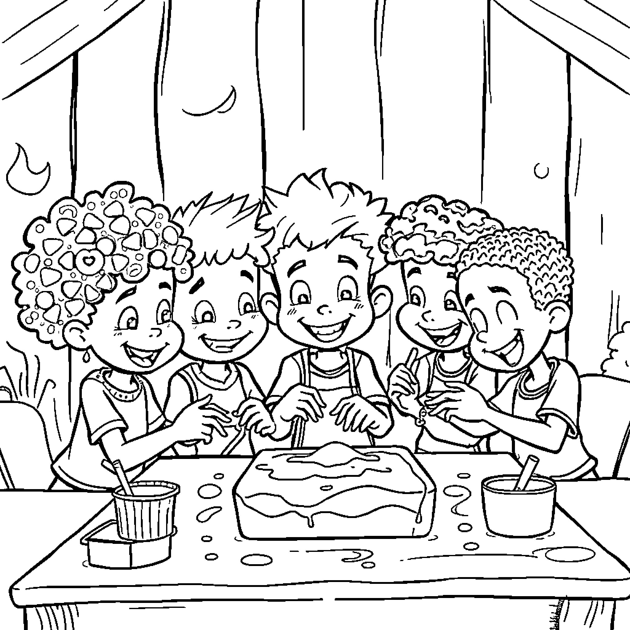Kid friends enjoying a fun art project together Coloring Page (free black-and-white line drawing printable PDF for all, from beginners to advanced learners, including children, teens, adults, and seniors)