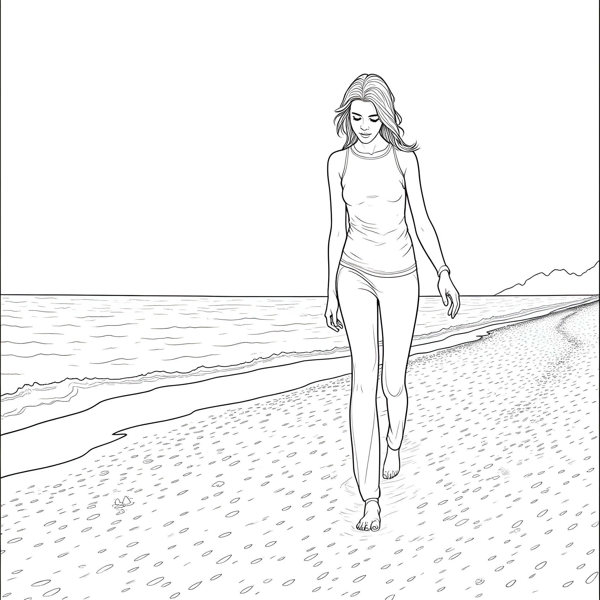 Shegan Campbell walks along the beach at sunset Coloring Page (free black-and-white line drawing printable PDF for all, from beginners to advanced learners, including children, teens, adults, and seniors)