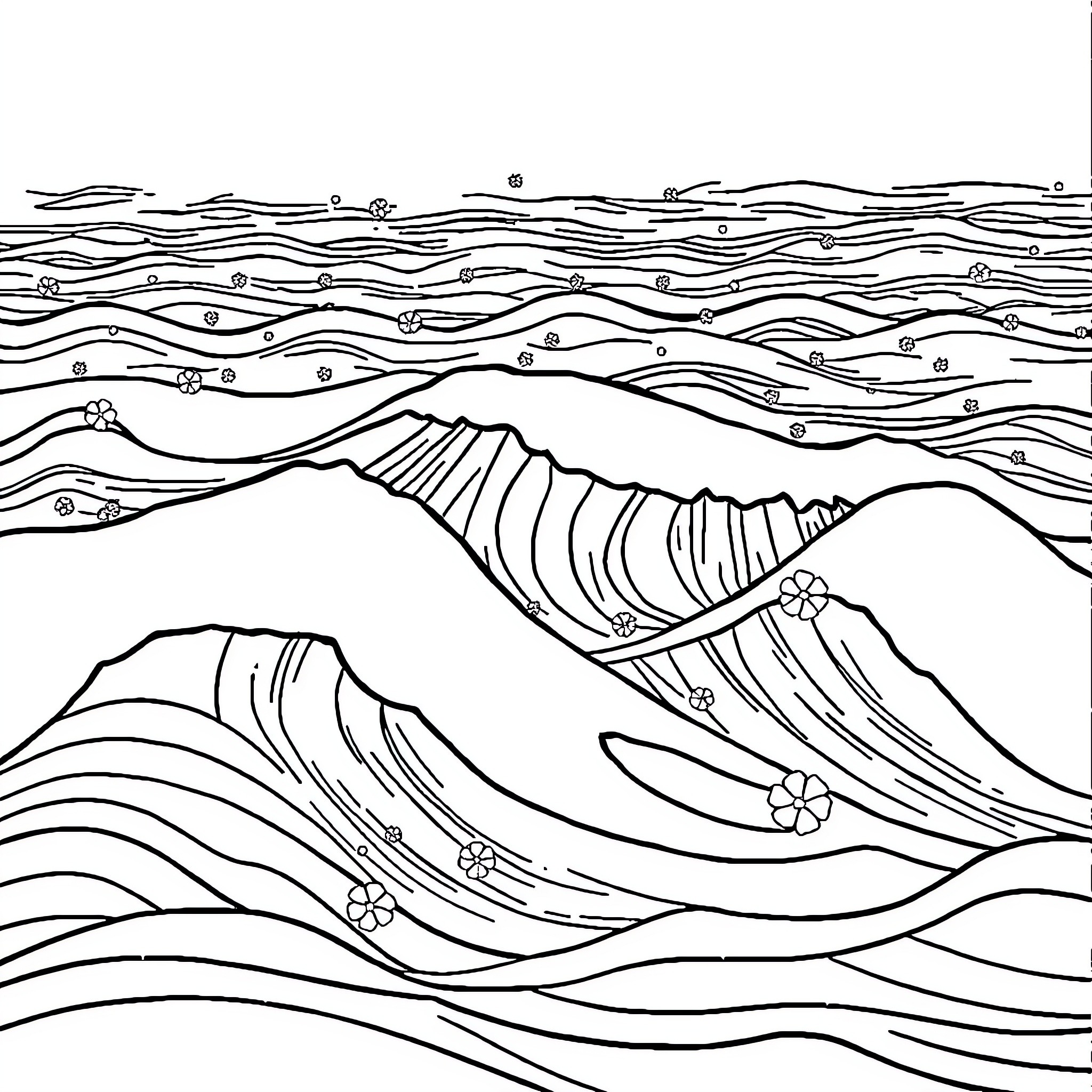 Ocean waves crashing against mountainous terrain Coloring Page (free black-and-white line drawing printable PDF for all, from beginners to advanced learners, including children, teens, adults, and seniors)