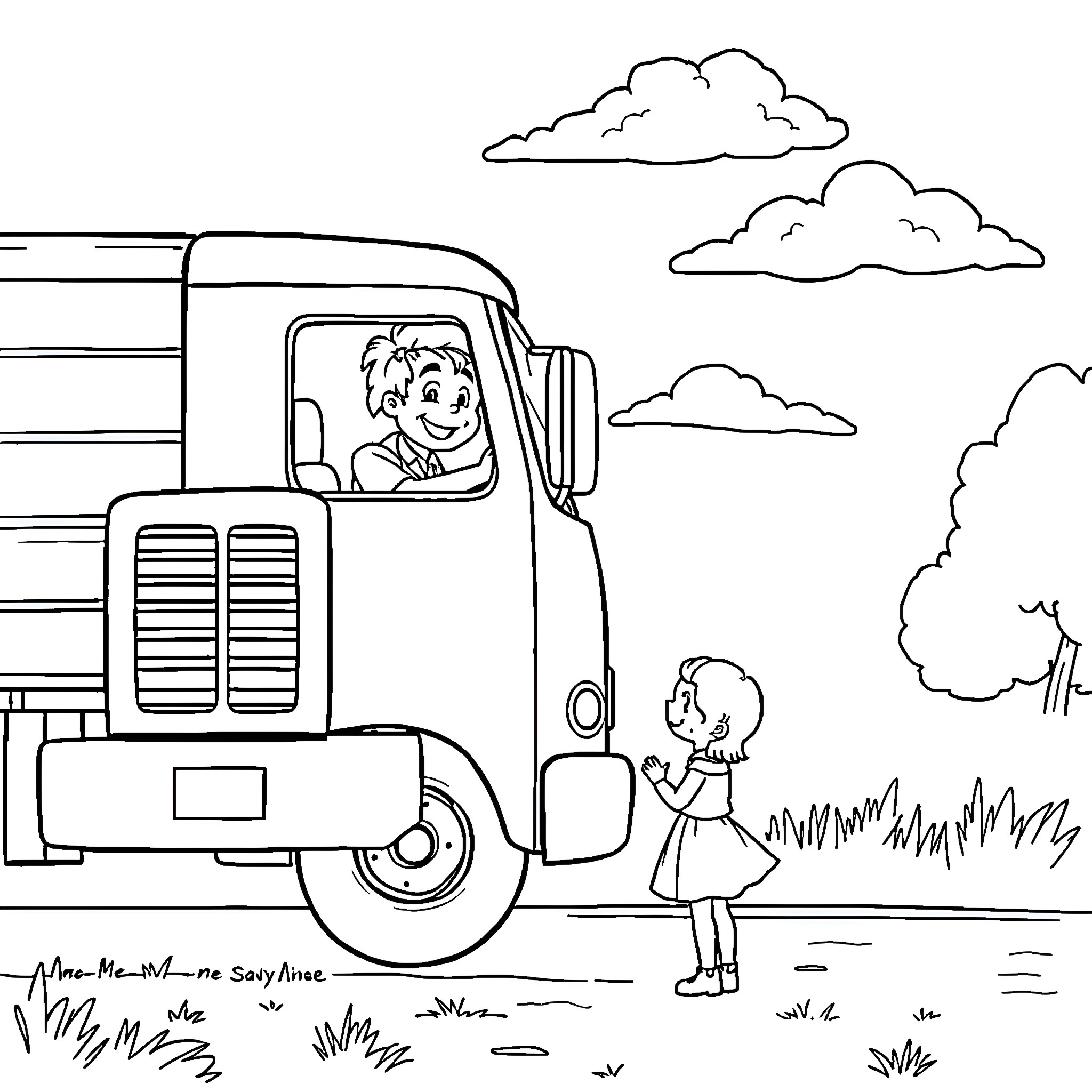 Truck Driver Waves to Girl on the Road Coloring Page (free black-and-white line drawing printable PDF for all, from beginners to advanced learners, including children, teens, adults, and seniors)