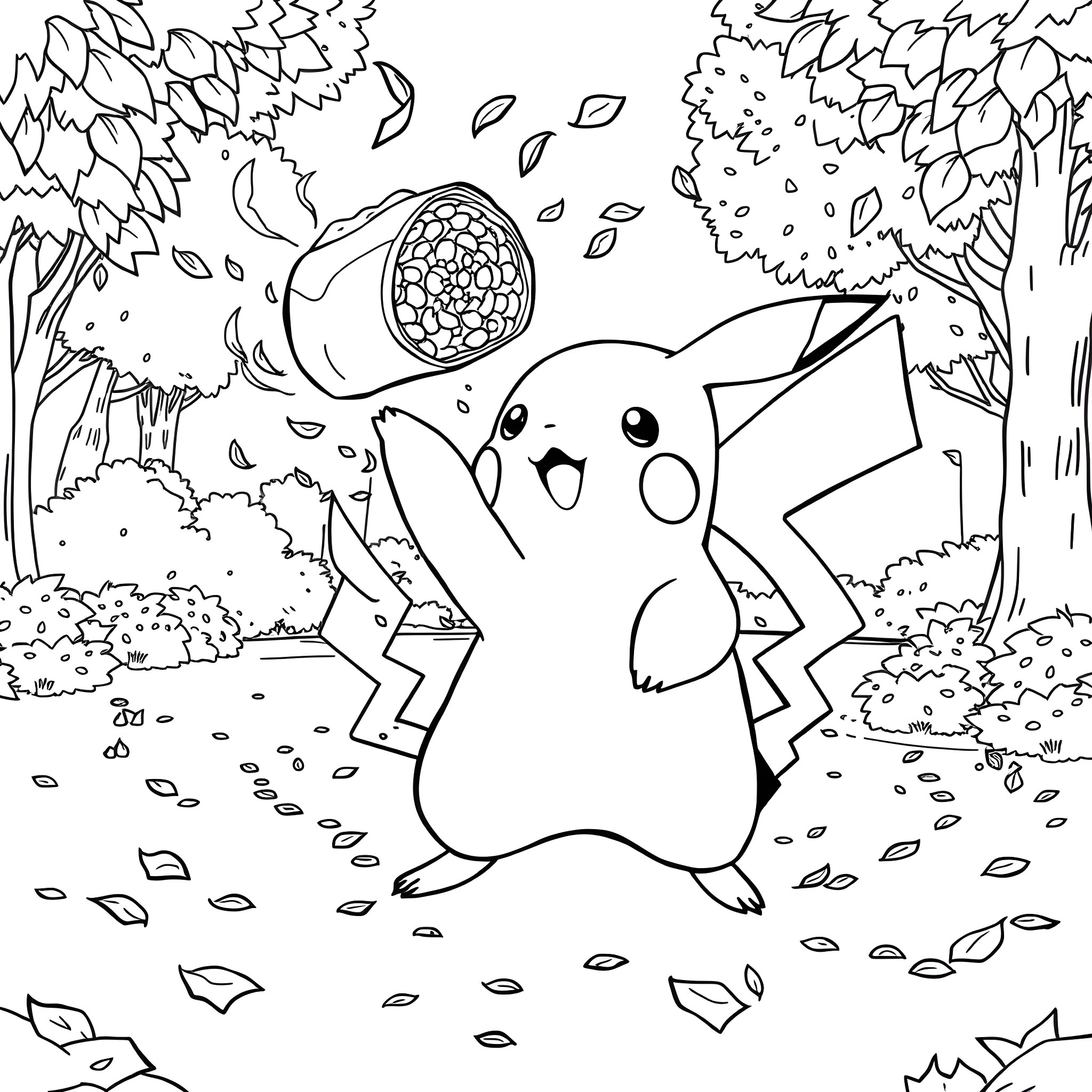 Pikachu playing in the autumn leaves Coloring Page (free black-and-white line drawing printable PDF for all, from beginners to advanced learners, including children, teens, adults, and seniors)