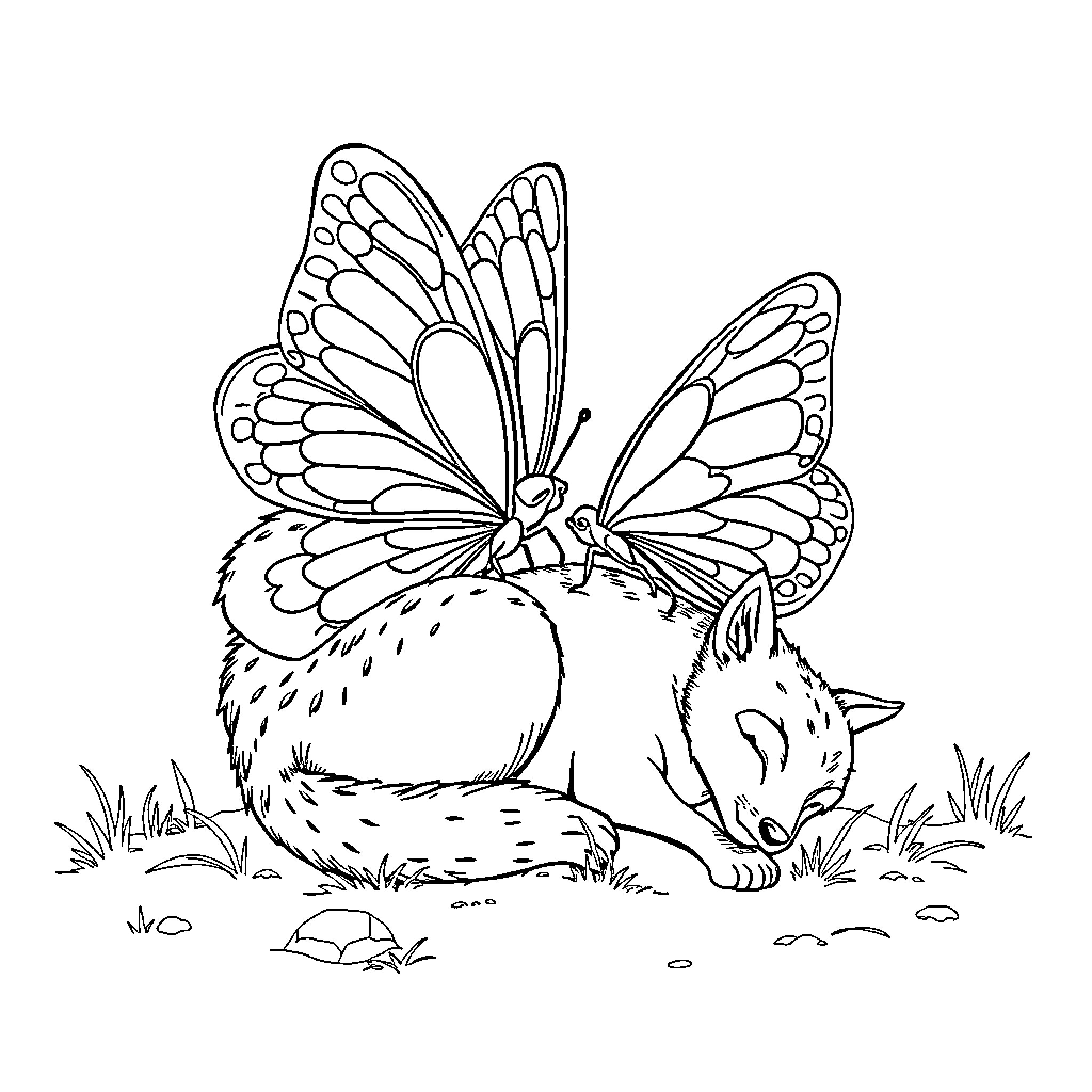 Butterfly-winged cat resting in a natural setting Coloring Page (free black-and-white line drawing printable PDF for all, from beginners to advanced learners, including children, teens, adults, and seniors)