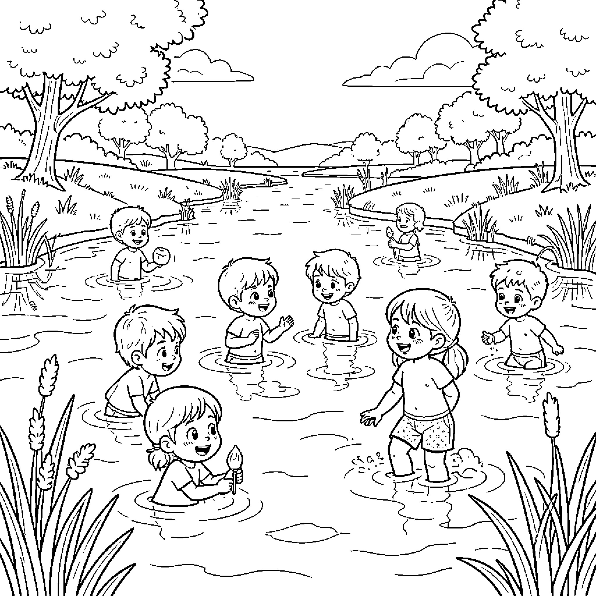 Children playing and splashing in a shallow river Coloring Page (free black-and-white line drawing printable PDF for all, from beginners to advanced learners, including children, teens, adults, and seniors)
