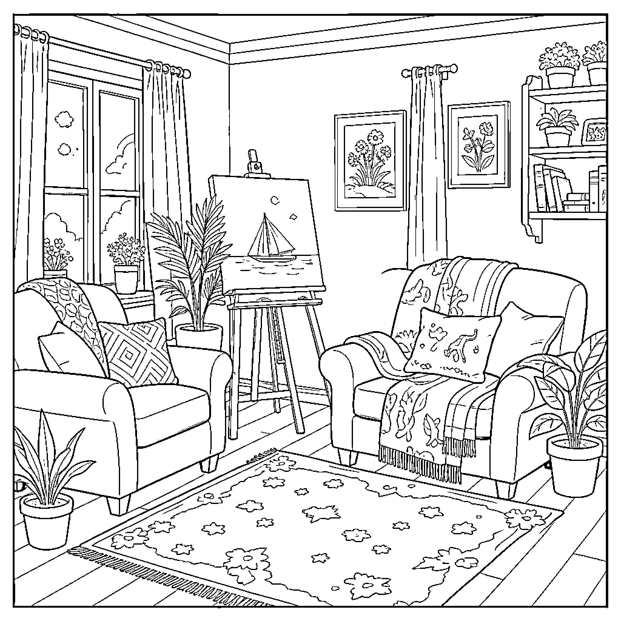 Easet Cozy Living Room with Artwork and Plants Coloring Page (free black-and-white line drawing printable PDF for all, from beginners to advanced learners, including children, teens, adults, and seniors)