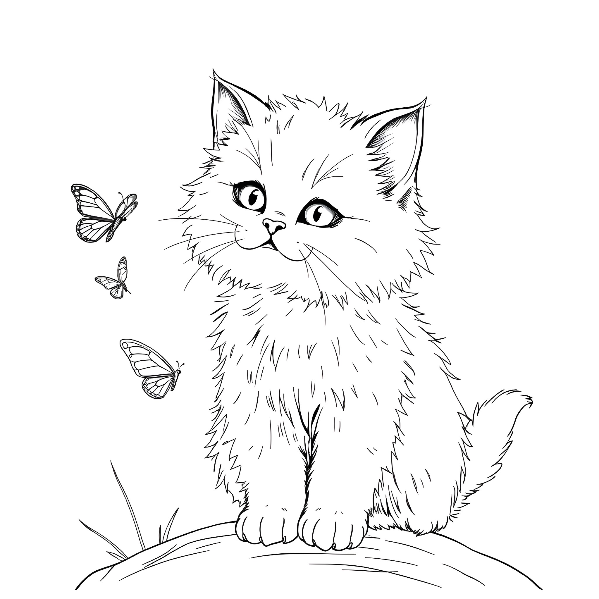 Cat watching butterflies with curiosity Coloring Page (free black-and-white line drawing printable PDF for all, from beginners to advanced learners, including children, teens, adults, and seniors)