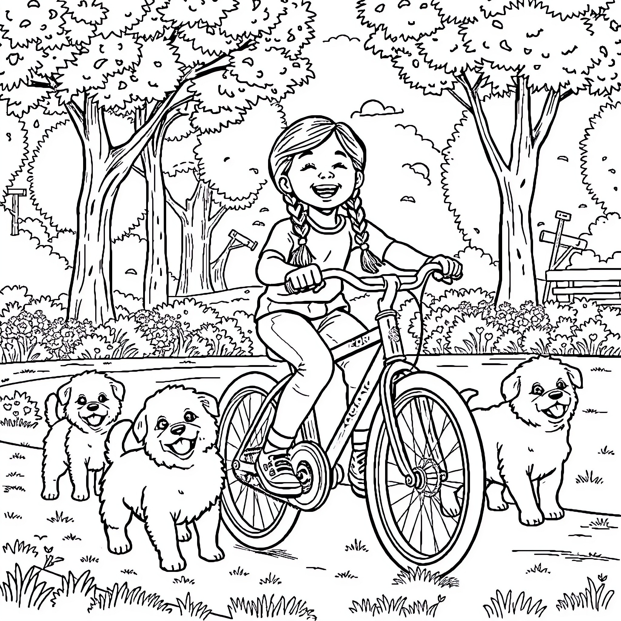 Girl riding bicycle with dogs in the park Coloring Page (free black-and-white line drawing printable PDF for all, from beginners to advanced learners, including children, teens, adults, and seniors)