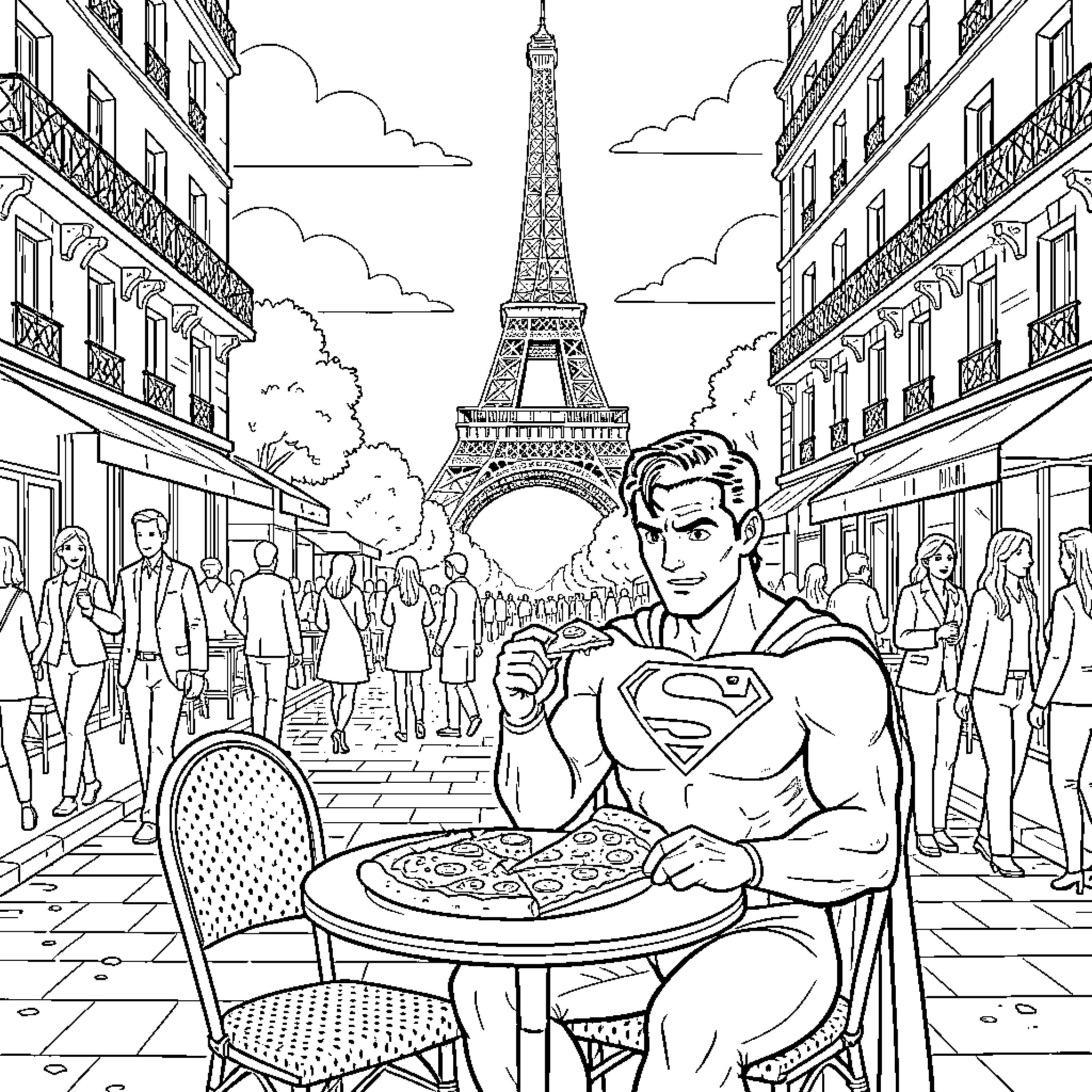 Superman eating pizza at an outdoor cafe in Paris Coloring Page (free black-and-white line drawing printable PDF for all, from beginners to advanced learners, including children, teens, adults, and seniors)