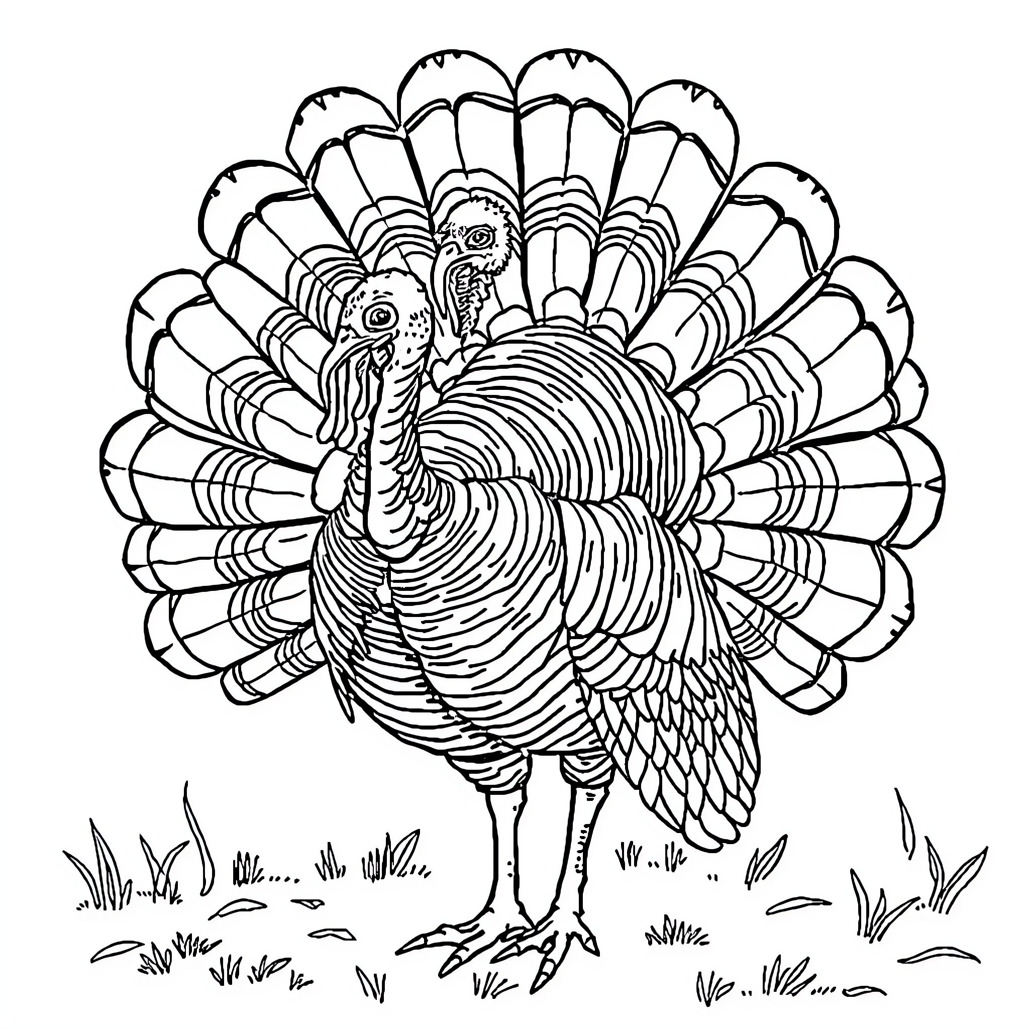 Turkey with intricate feather patterns in nature Coloring Page (free black-and-white line drawing printable PDF for all, from beginners to advanced learners, including children, teens, adults, and seniors)