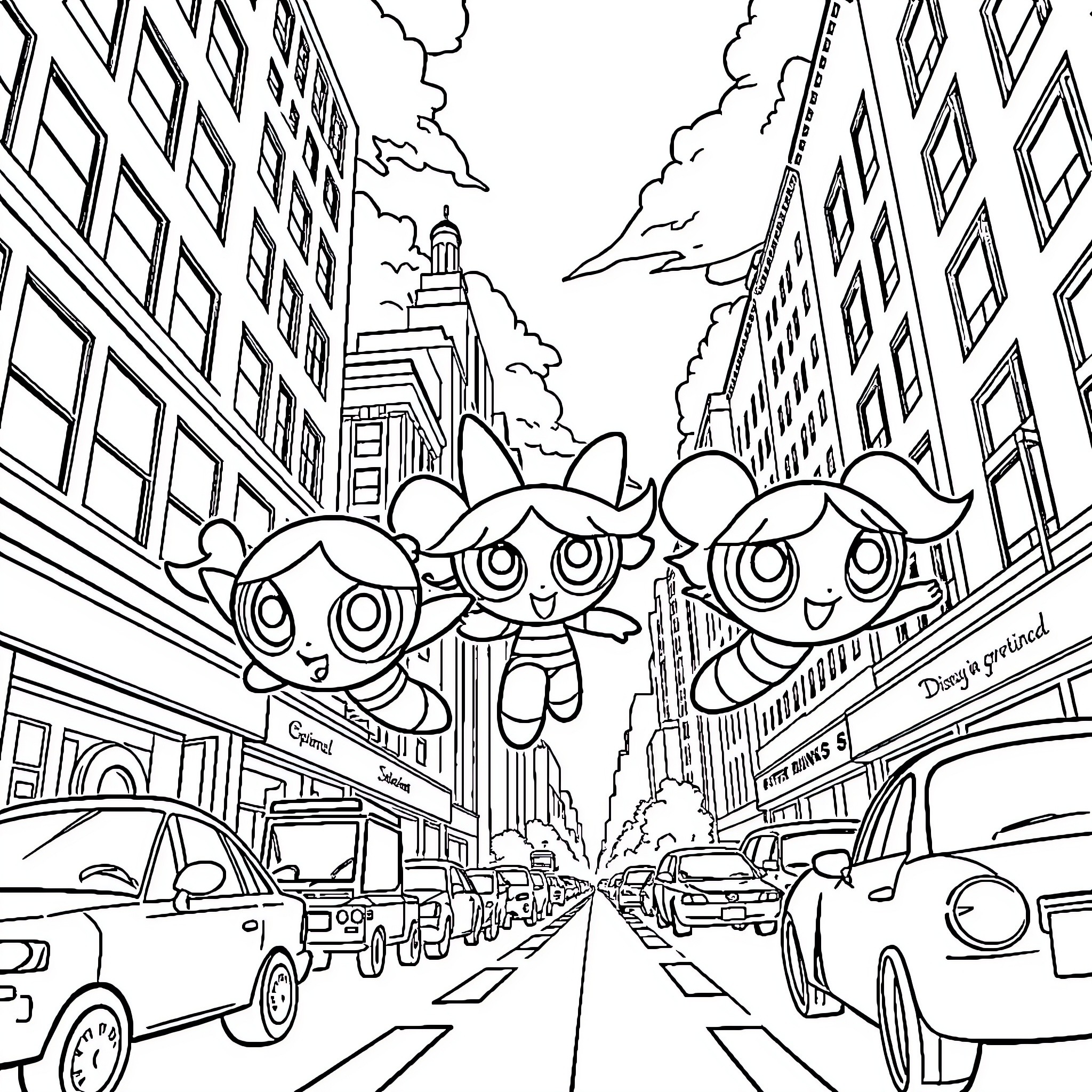 Powerpuff Girls exploring the city streets Coloring Page (free black-and-white line drawing printable PDF for all, from beginners to advanced learners, including children, teens, adults, and seniors)