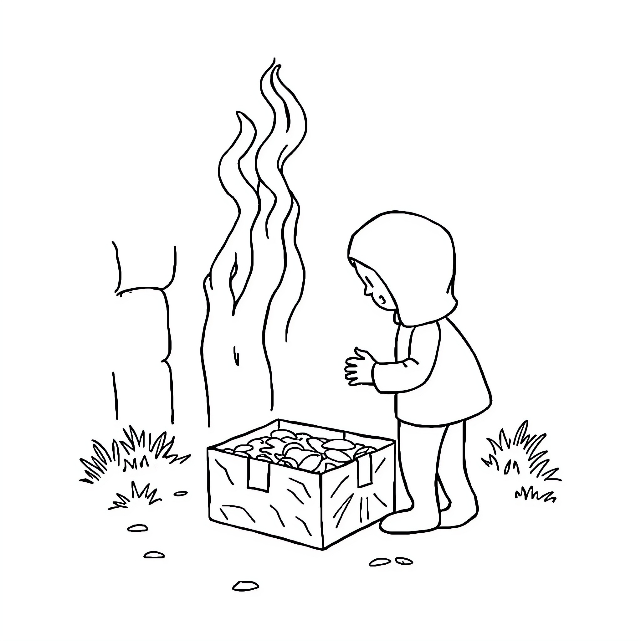 Silueta figure roasting marshmallows in forest Coloring Page (free black-and-white line drawing printable PDF for all, from beginners to advanced learners, including children, teens, adults, and seniors)