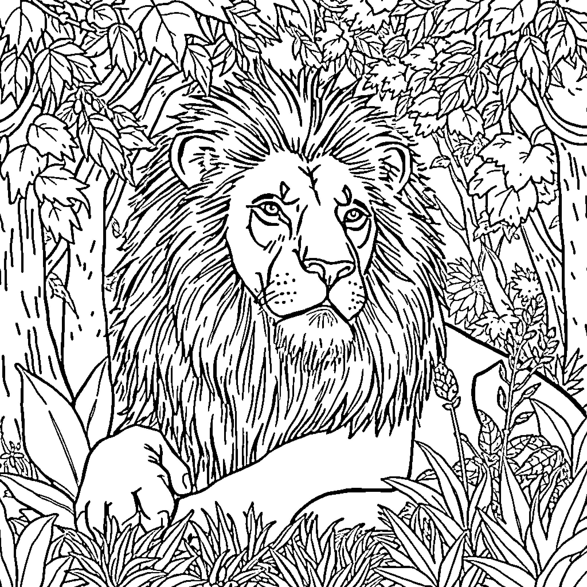Lion in the Lush Jungle Landscape Coloring Page (free black-and-white line drawing printable PDF for all, from beginners to advanced learners, including children, teens, adults, and seniors)