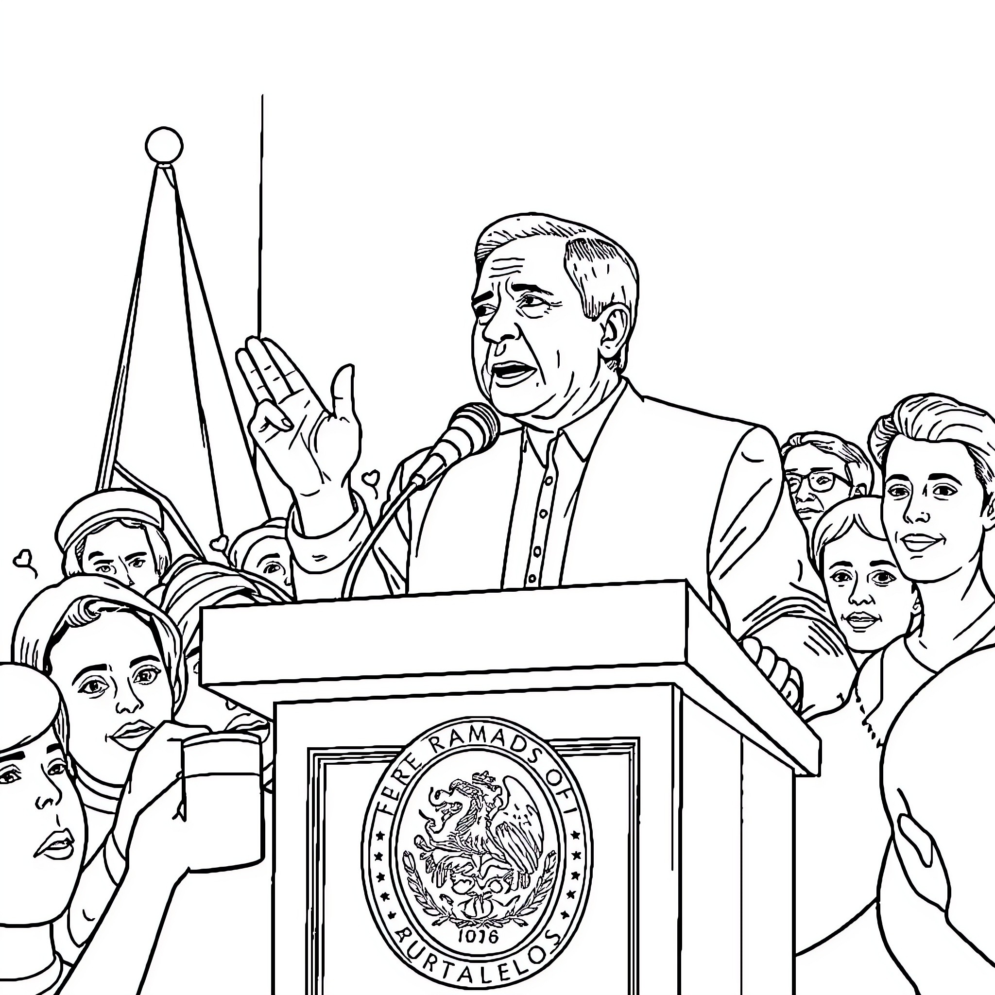 Andres Manuel López Obrador speaking at a podium with supporters Coloring Page (free black-and-white line drawing printable PDF for all, from beginners to advanced learners, including children, teens, adults, and seniors)
