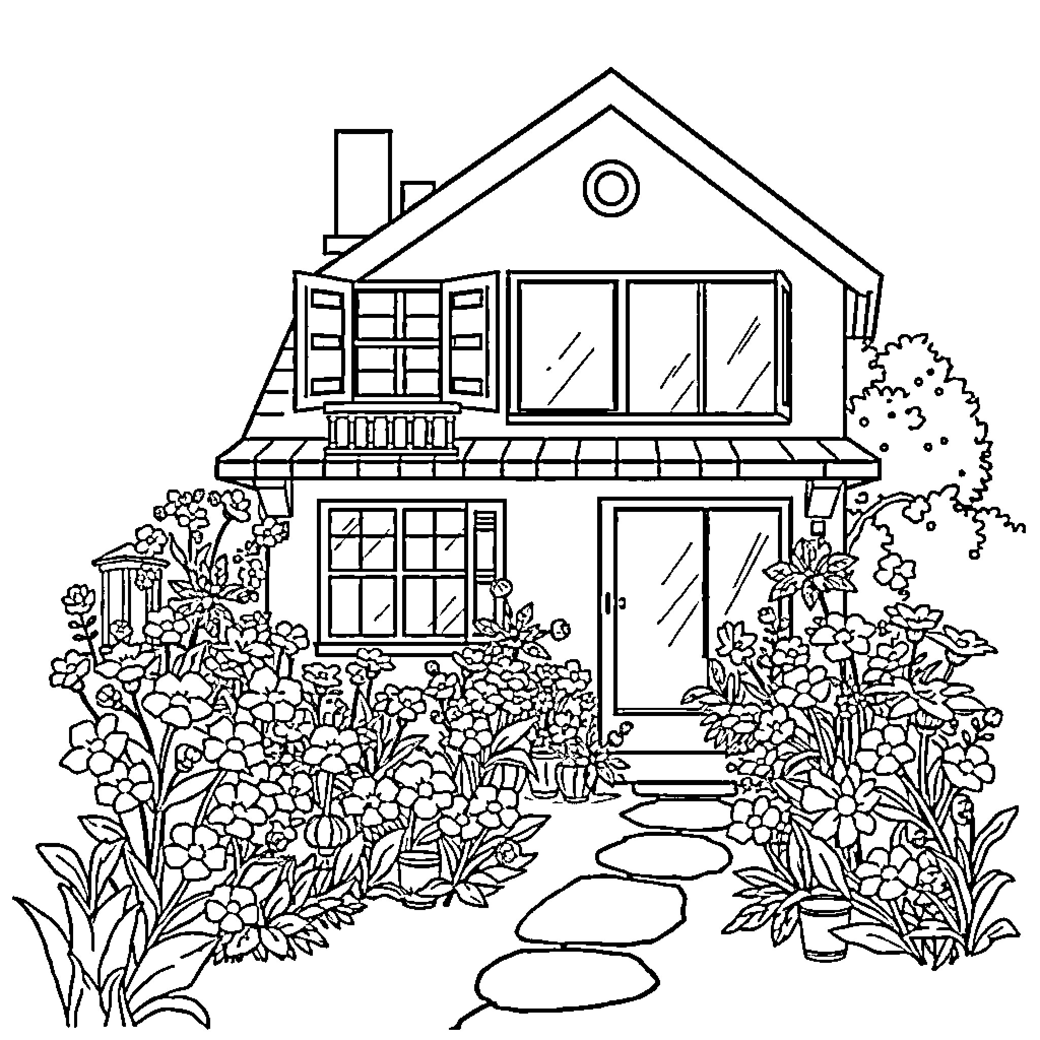House nestled in lush garden with flowers and path Coloring Page (free black-and-white line drawing printable PDF for all, from beginners to advanced learners, including children, teens, adults, and seniors)