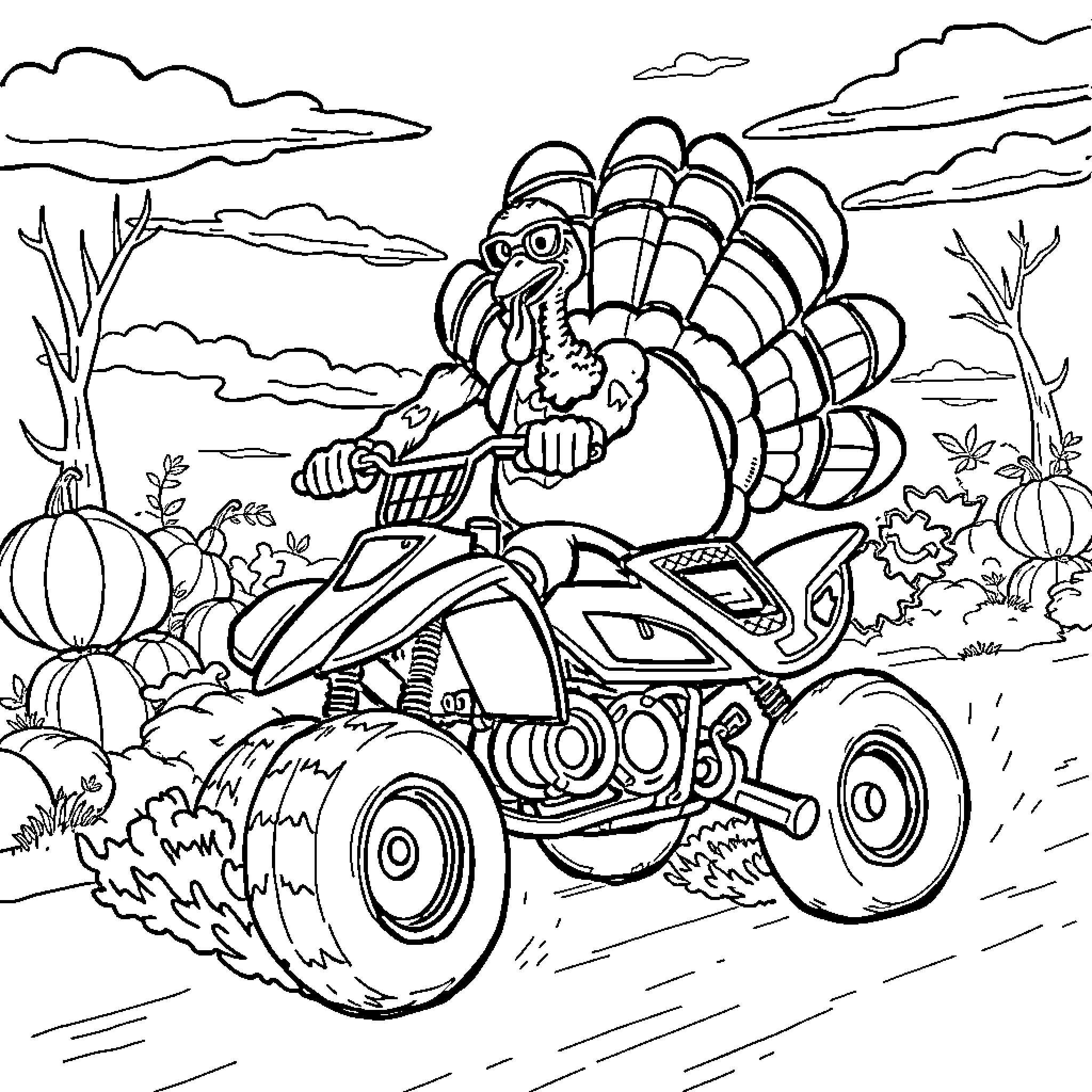 Turkey driving a four-wheeler through the countryside Coloring Page (free black-and-white line drawing printable PDF for all, from beginners to advanced learners, including children, teens, adults, and seniors)