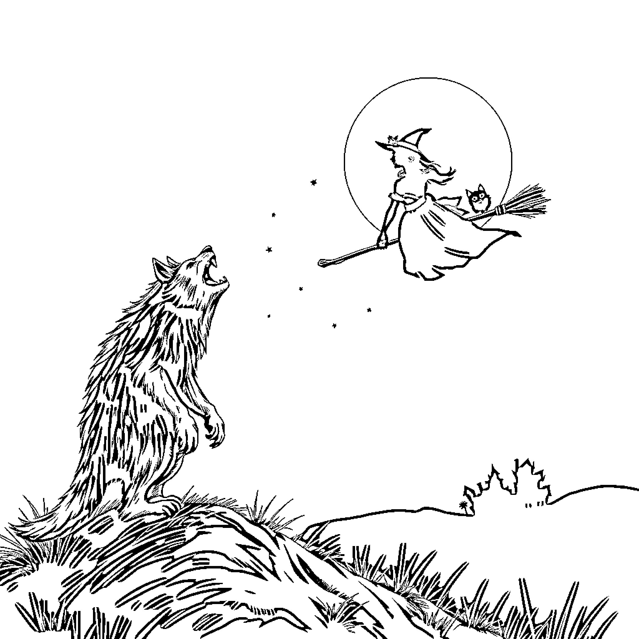 Werewolf howling at a witch on a broomstick Coloring Page (free black-and-white line drawing printable PDF for all, from beginners to advanced learners, including children, teens, adults, and seniors)